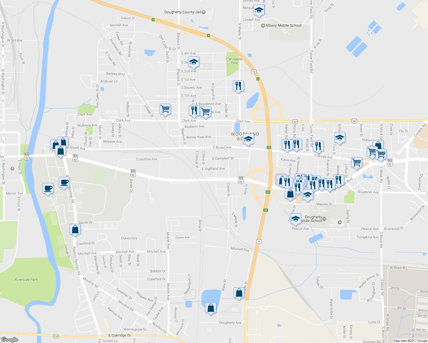 map of restaurants, bars, coffee shops, grocery stores, and more near 303 South Carroll Street in Albany