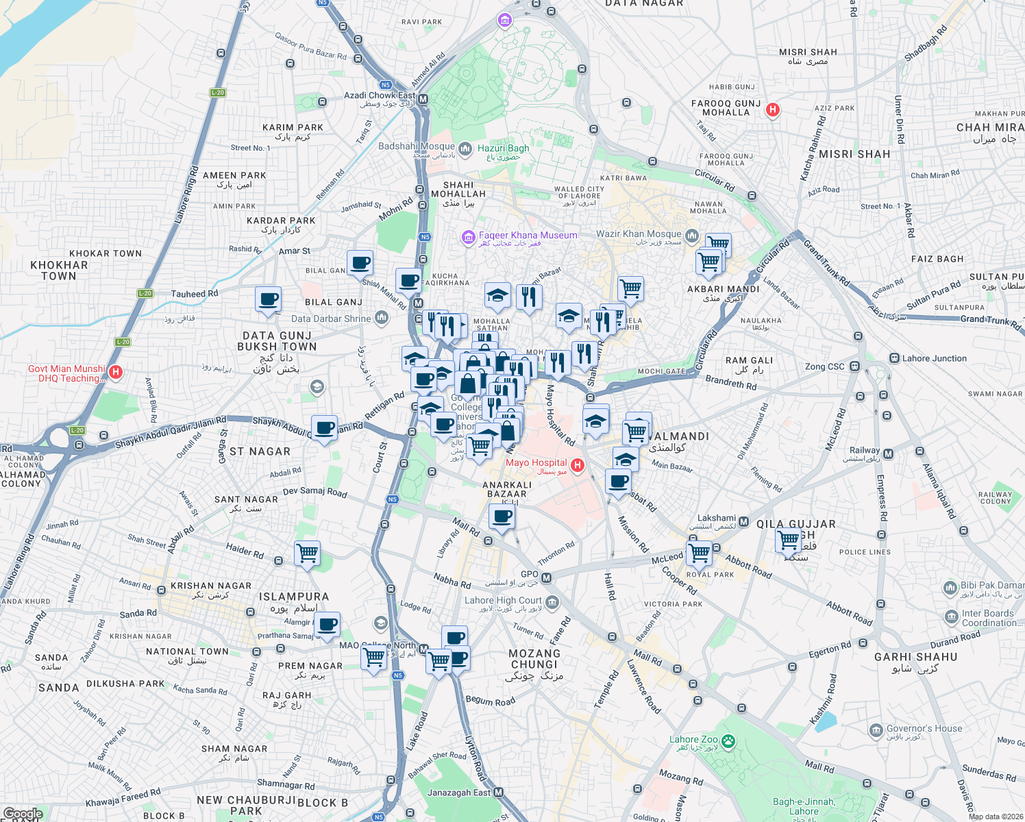 map of restaurants, bars, coffee shops, grocery stores, and more near Aibak Road in Lahore