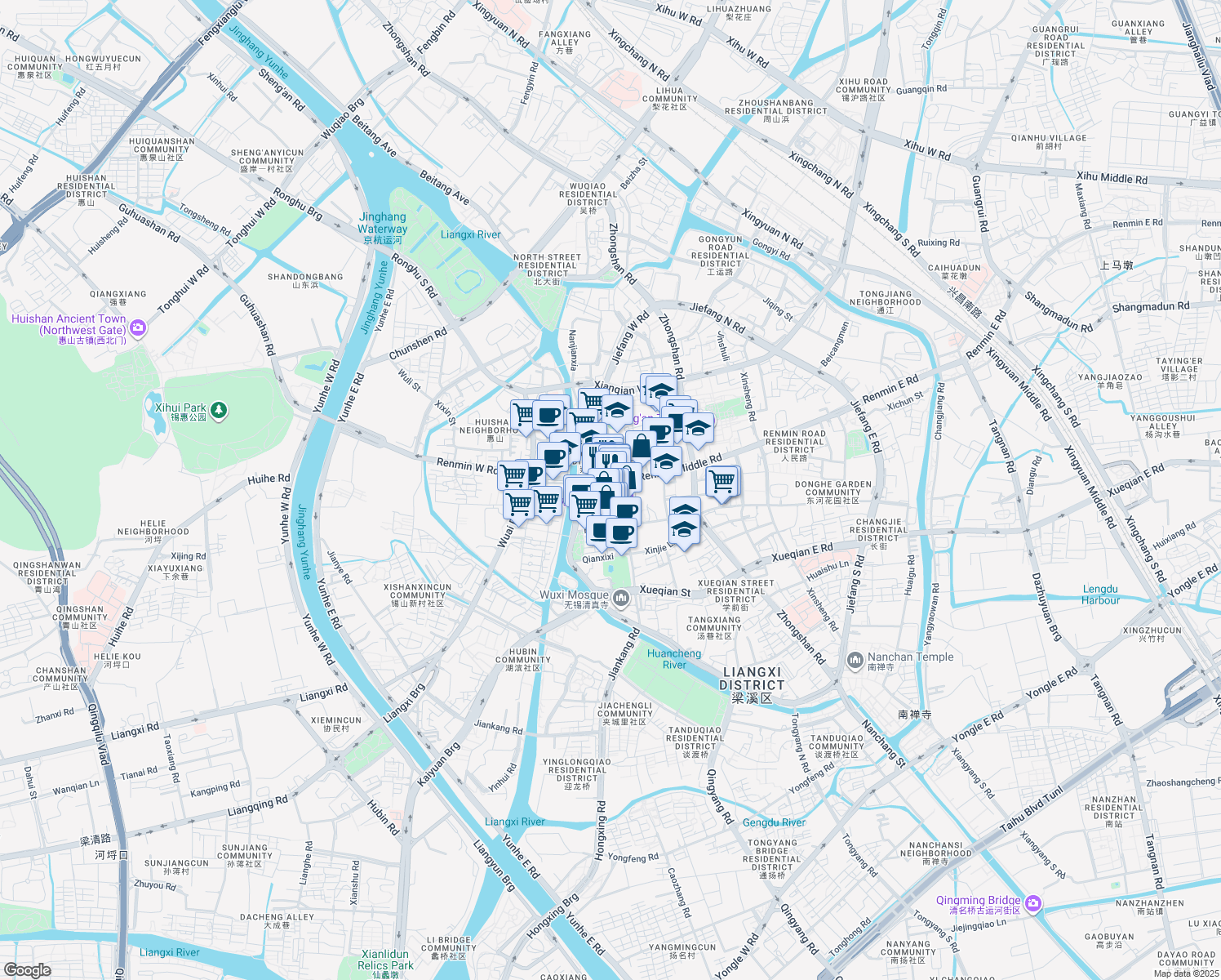 map of restaurants, bars, coffee shops, grocery stores, and more near 2 Xueqian Street in Wu Xi Shi