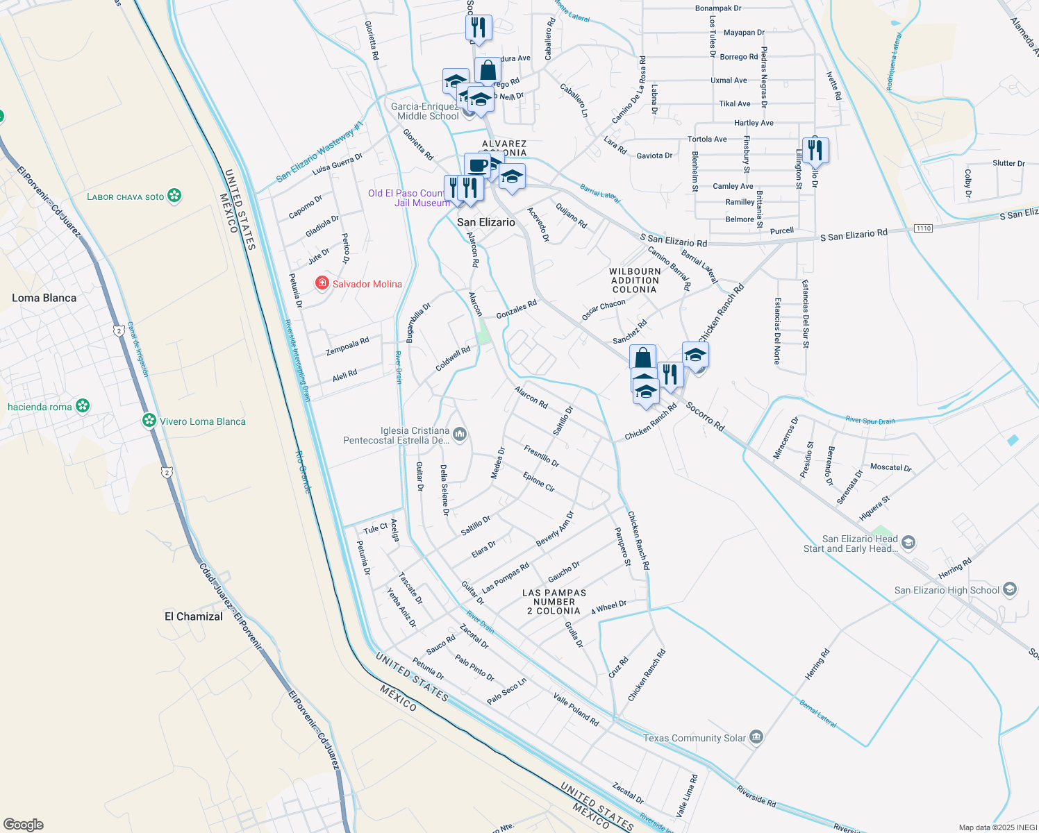 map of restaurants, bars, coffee shops, grocery stores, and more near 13131 Sylvia Andrea Drive in San Elizario