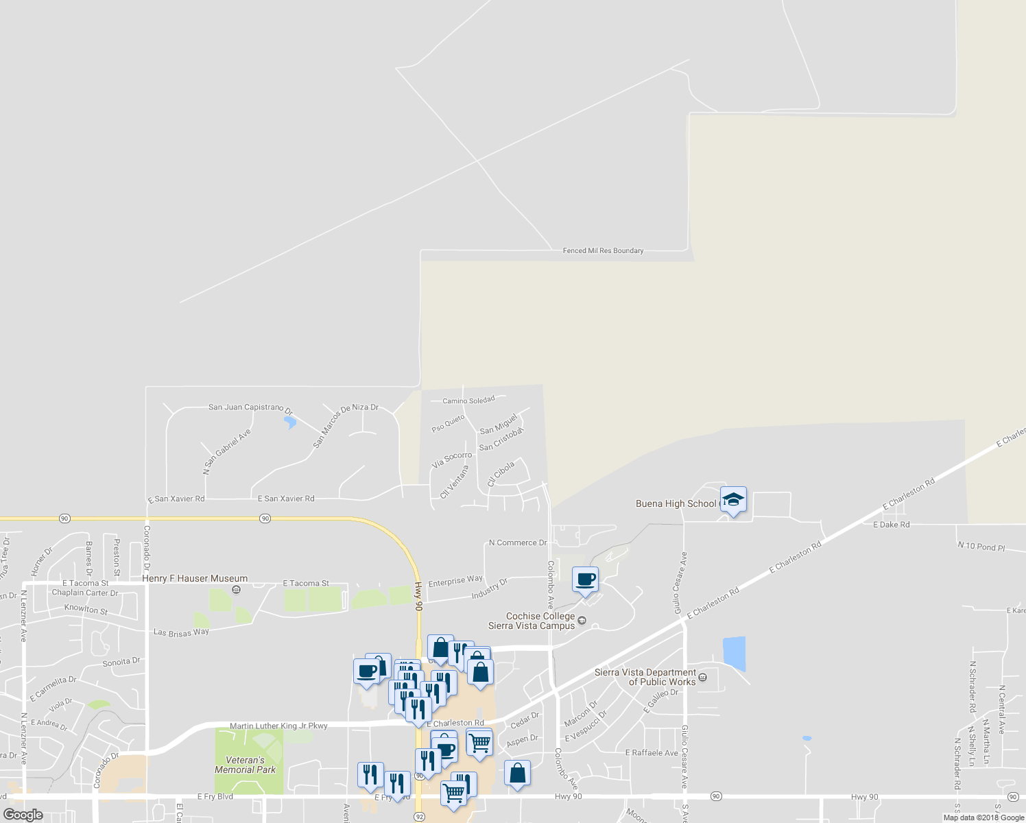 map of restaurants, bars, coffee shops, grocery stores, and more near 4625 San Miguel in Sierra Vista
