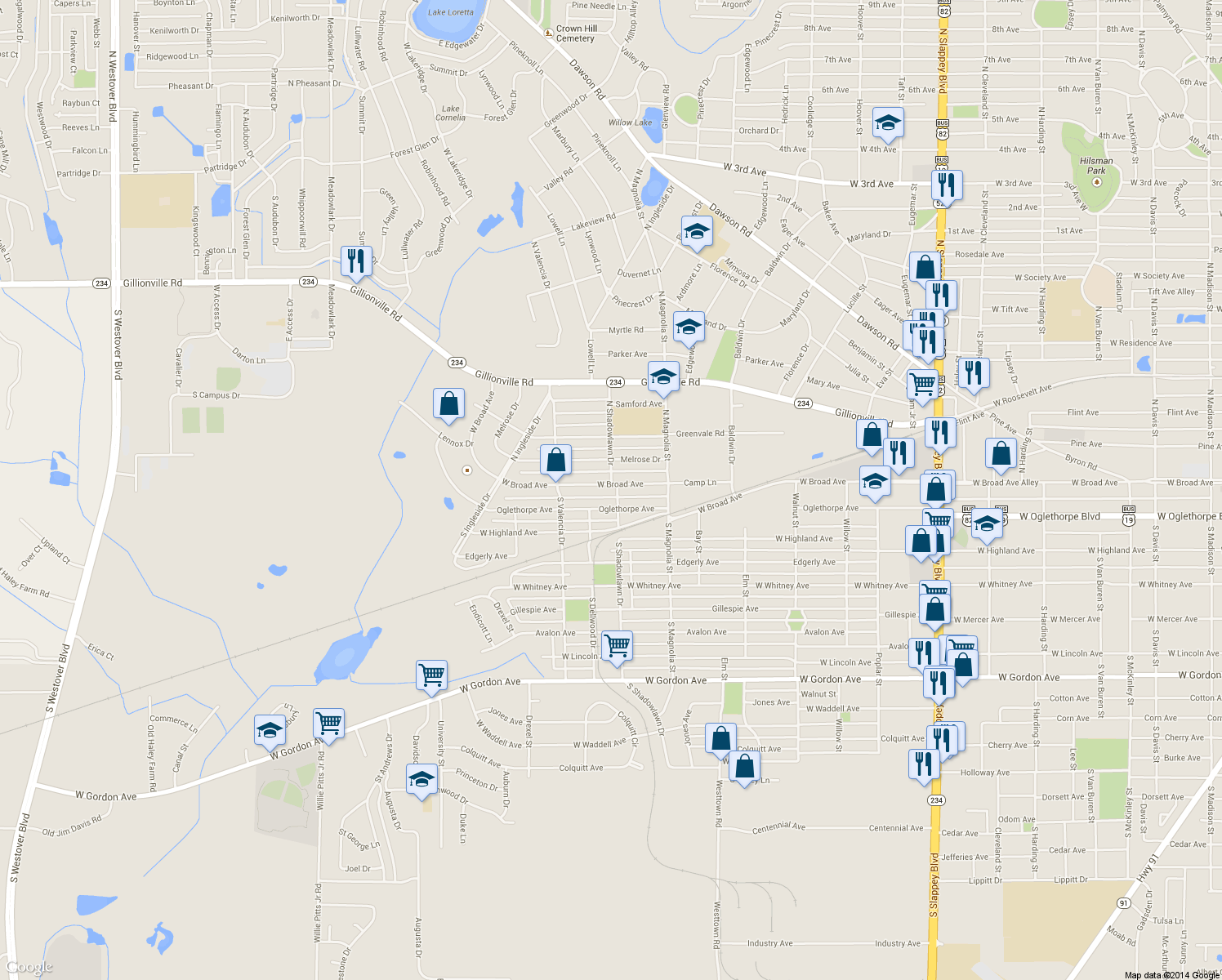map of restaurants, bars, coffee shops, grocery stores, and more near 101 South Shadowlawn Drive in Albany