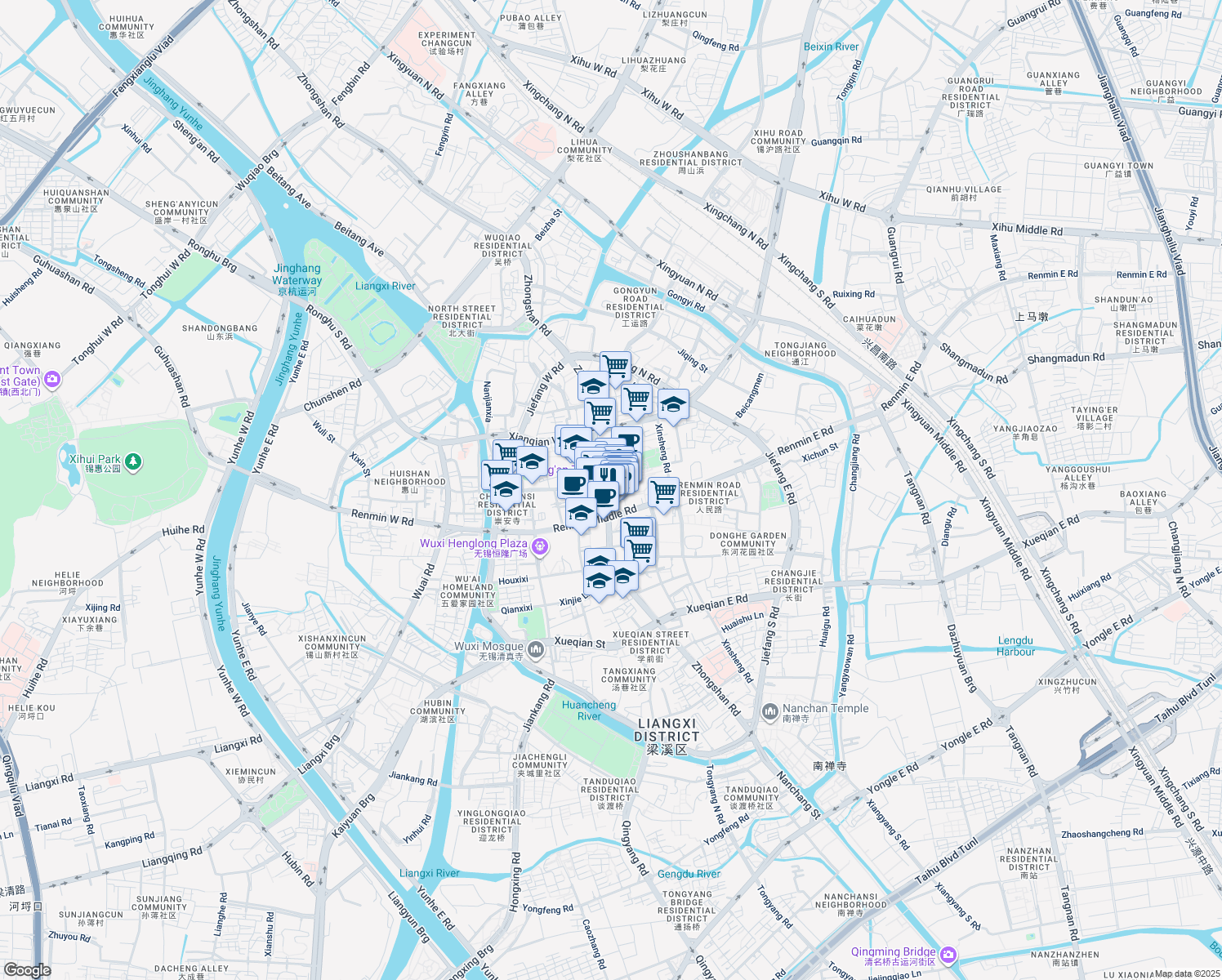 map of restaurants, bars, coffee shops, grocery stores, and more near 270 Zhong Shan Lu in Wu Xi Shi