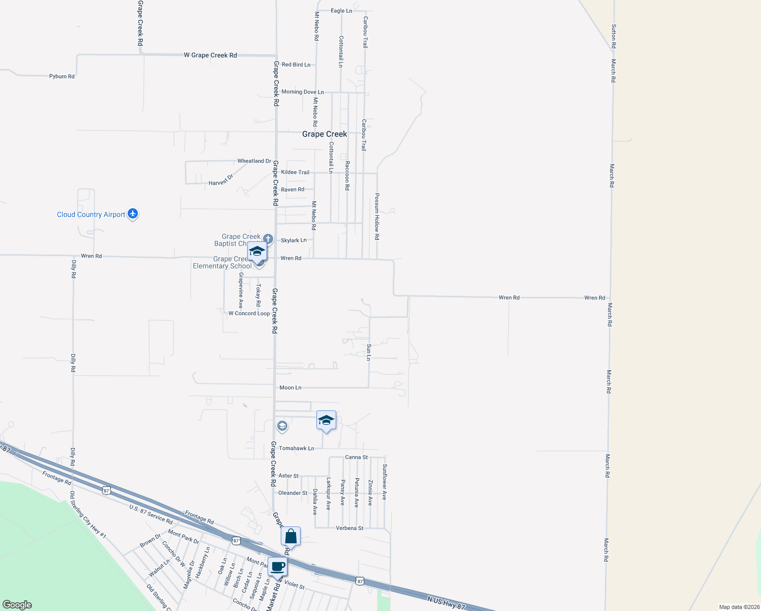 map of restaurants, bars, coffee shops, grocery stores, and more near 7238 W Sun Ln in Grape Creek
