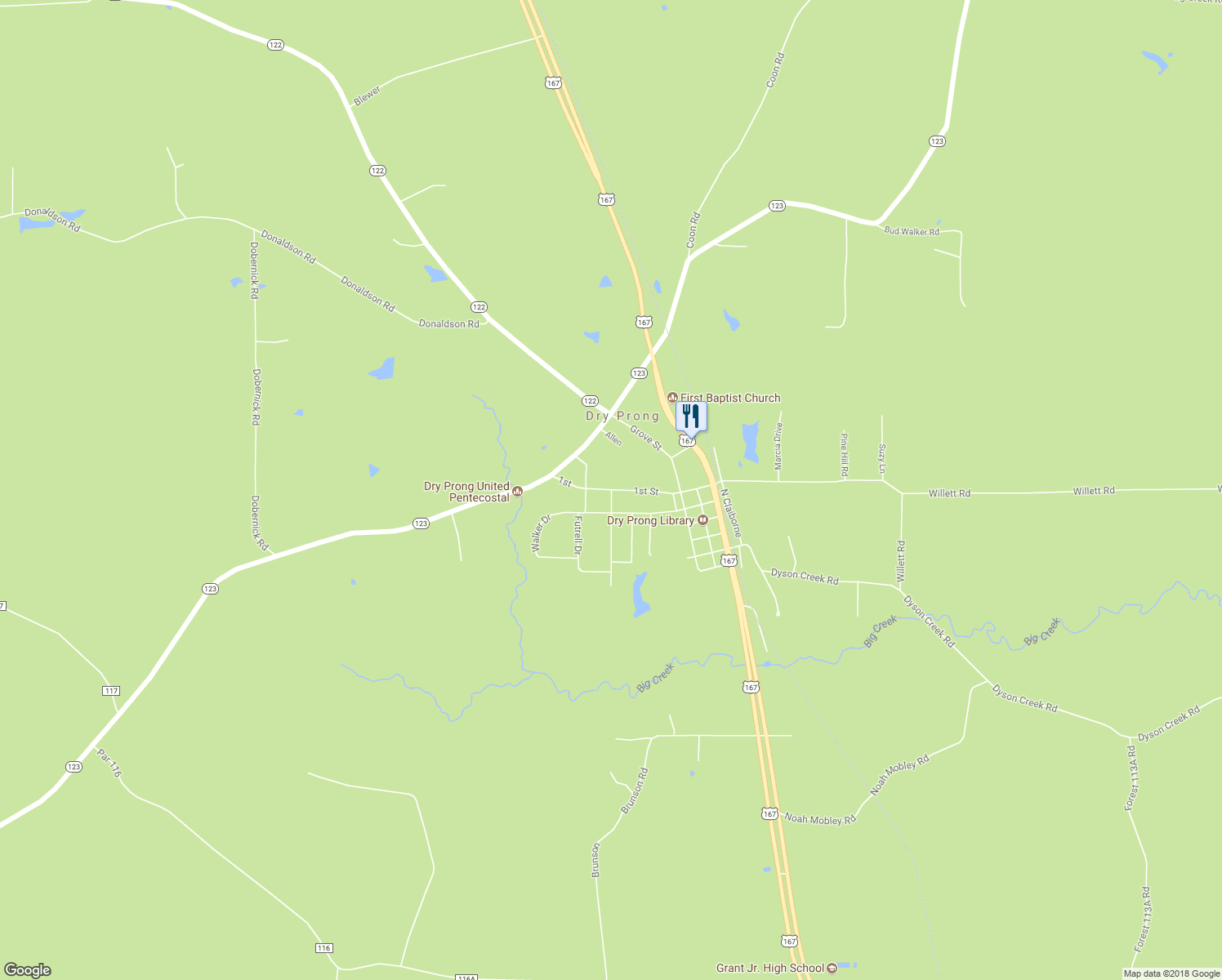 map of restaurants, bars, coffee shops, grocery stores, and more near 1st in Dry Prong