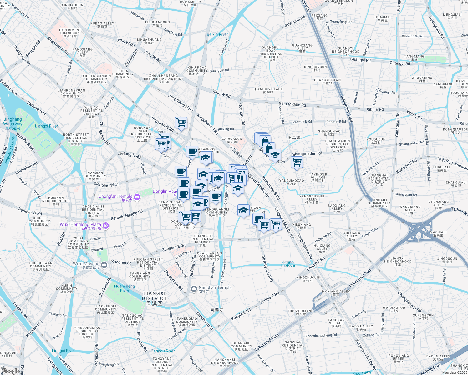 map of restaurants, bars, coffee shops, grocery stores, and more near in Wuxi Shi