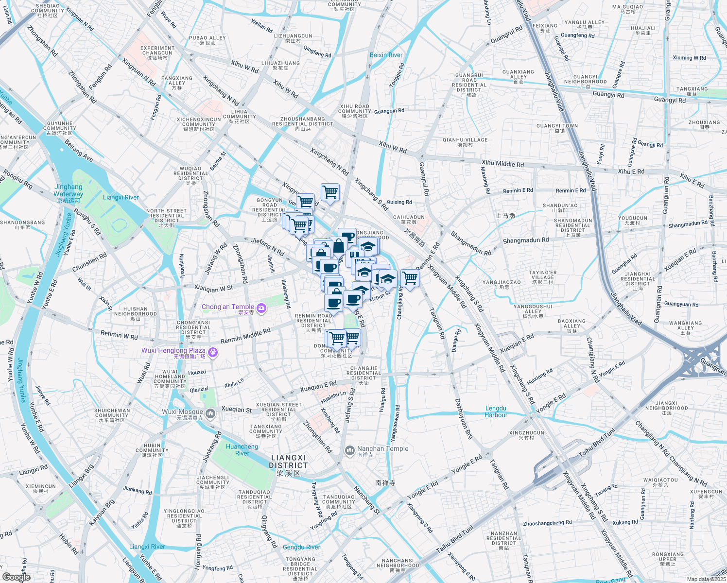 map of restaurants, bars, coffee shops, grocery stores, and more near Ren Min Dong Lu in Wu Xi Shi