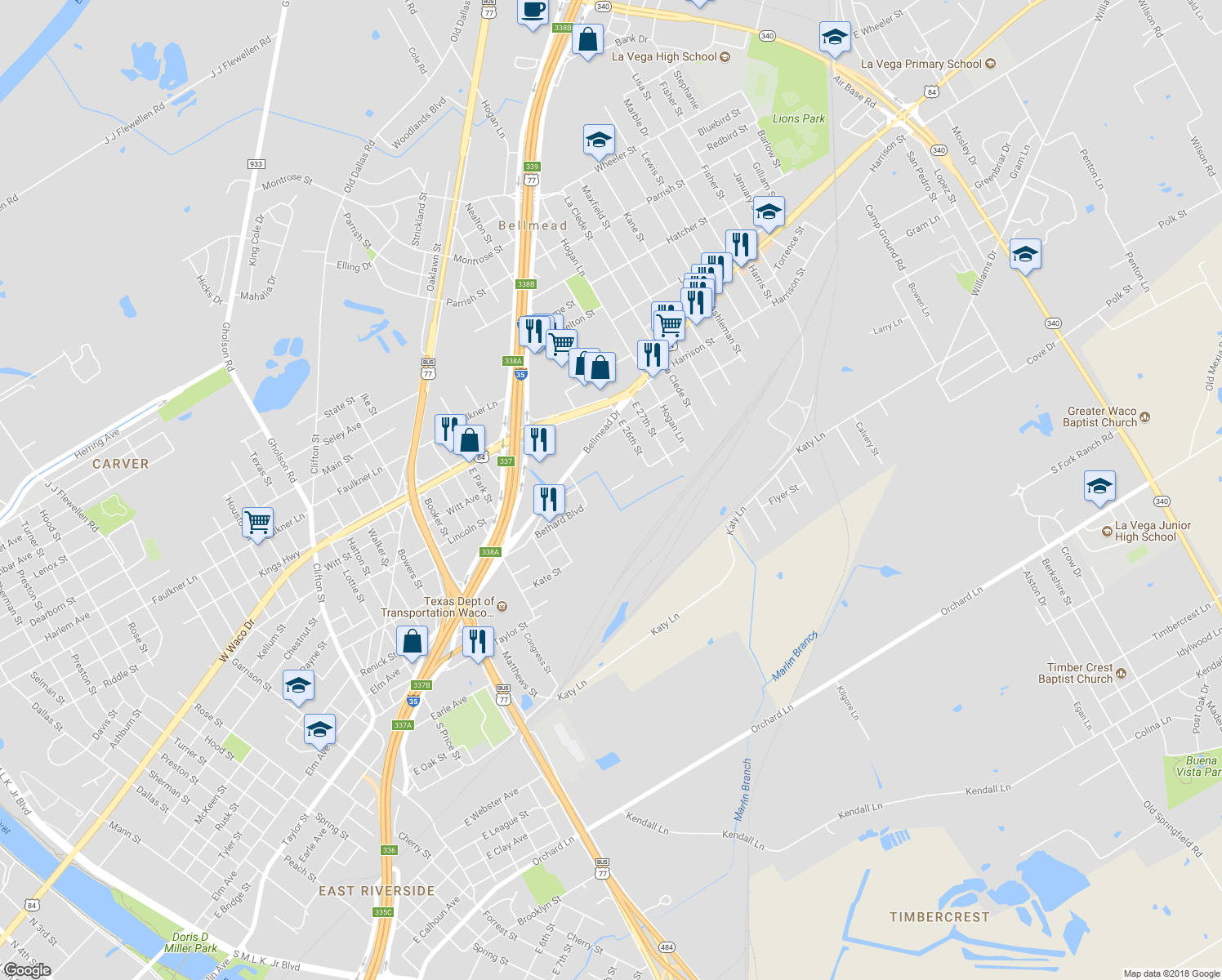 map of restaurants, bars, coffee shops, grocery stores, and more near Bethard Boulevard in Bellmead