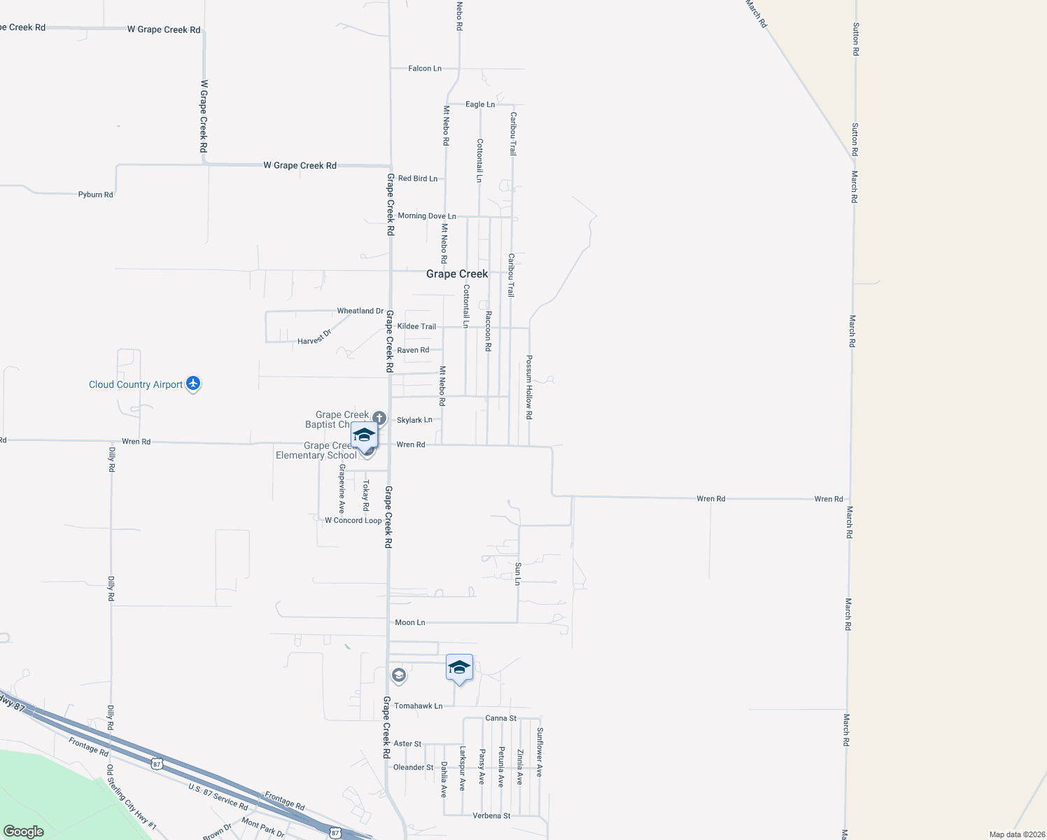 map of restaurants, bars, coffee shops, grocery stores, and more near 9769 Possum Hollow Rd in San Angelo