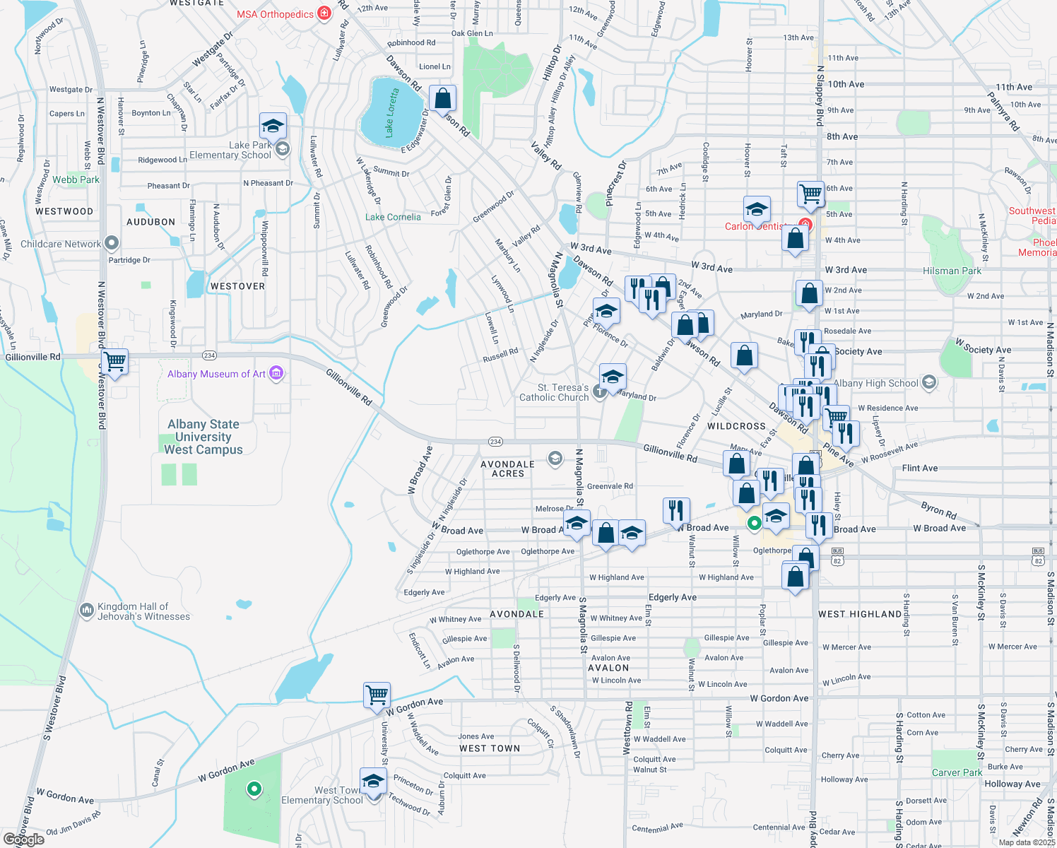 map of restaurants, bars, coffee shops, grocery stores, and more near 1720 Parker Ave in Albany