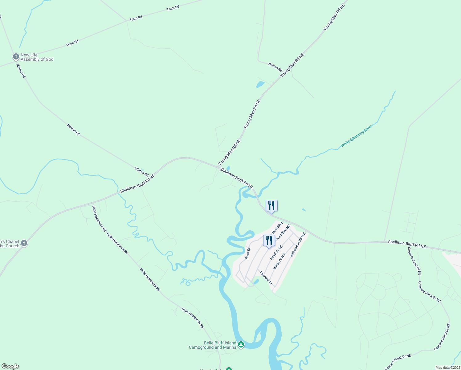 map of restaurants, bars, coffee shops, grocery stores, and more near 1059 Benji Lane Northeast in Townsend