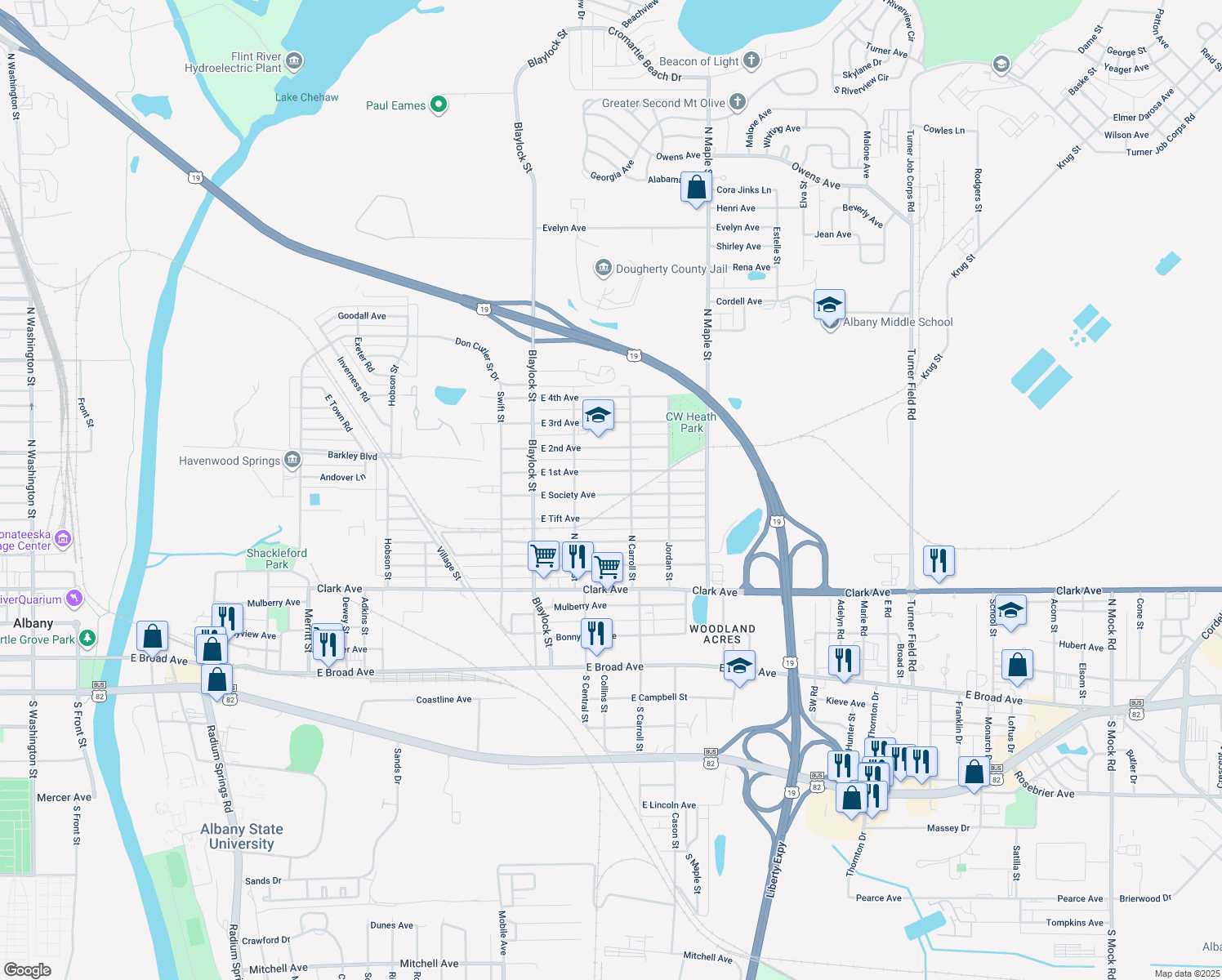map of restaurants, bars, coffee shops, grocery stores, and more near 1323 East Society Avenue in Albany
