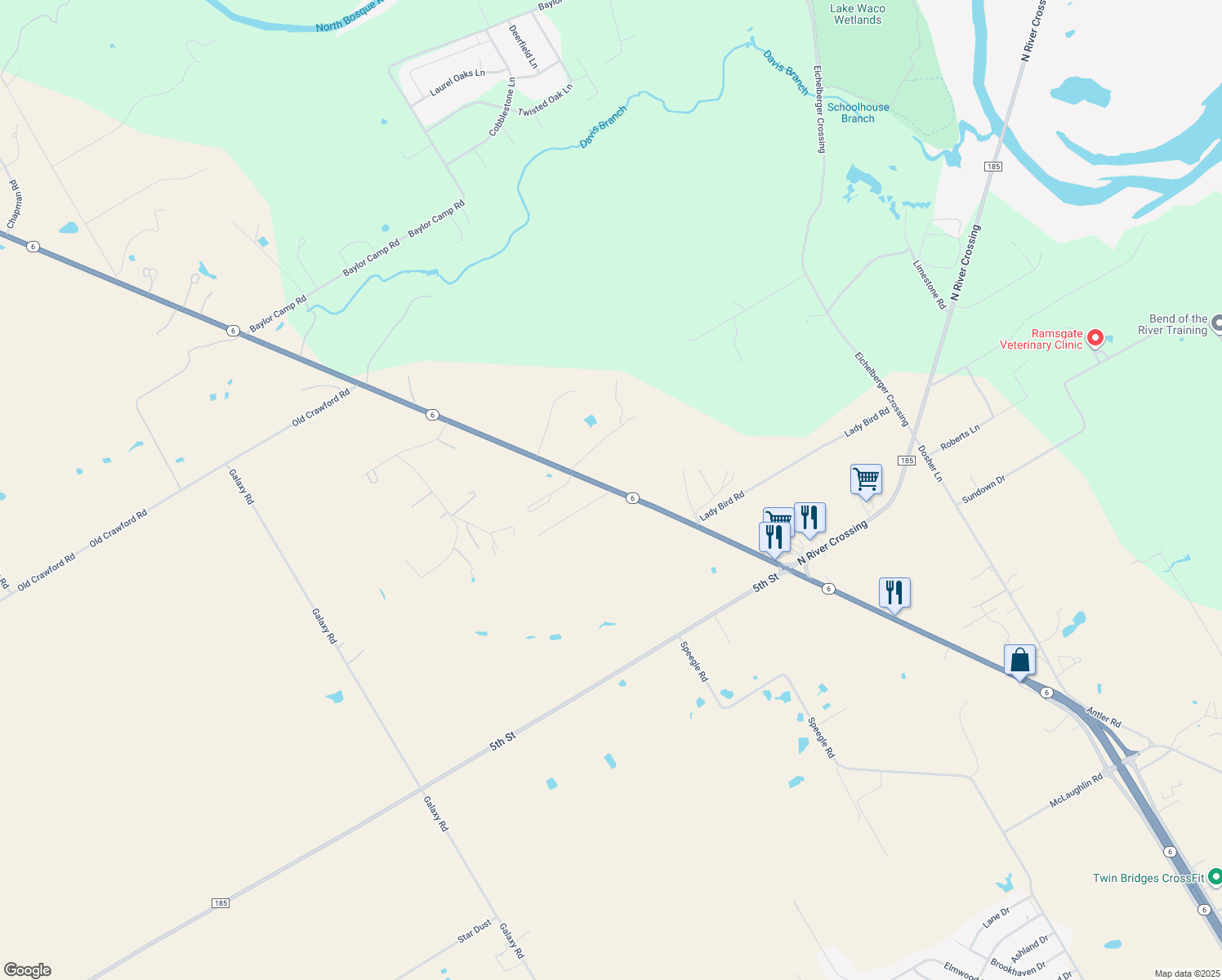 map of restaurants, bars, coffee shops, grocery stores, and more near 398 Charlie Ln in Woodway