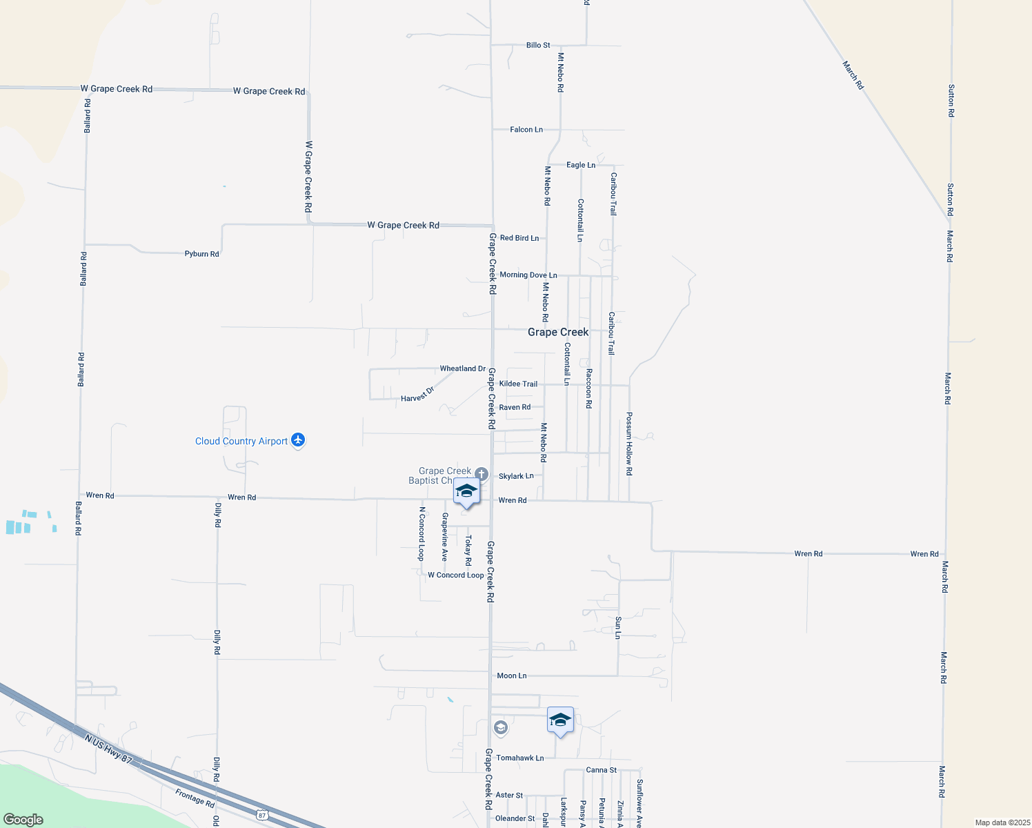 map of restaurants, bars, coffee shops, grocery stores, and more near 7733 Raven Rd in Grape Creek