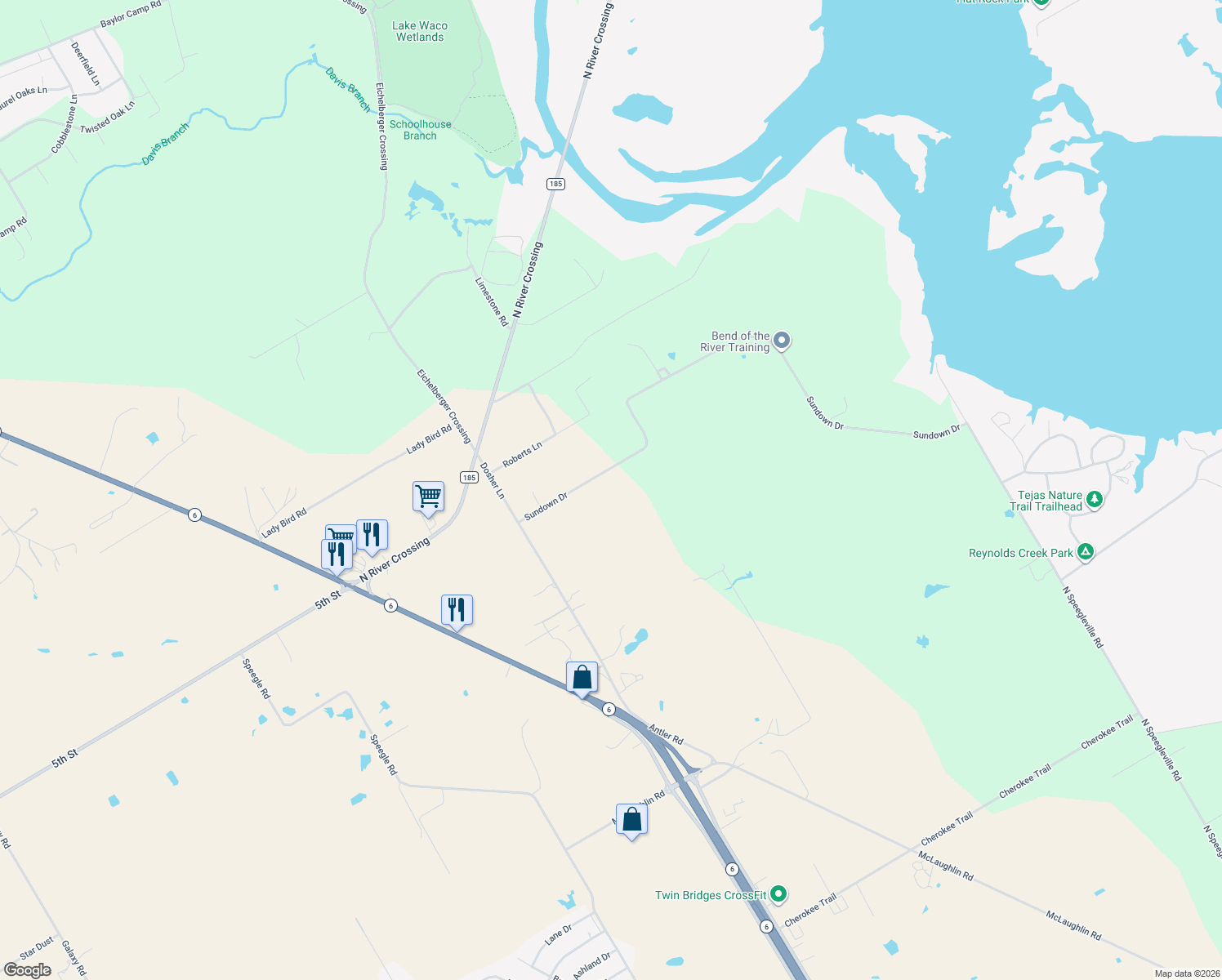 map of restaurants, bars, coffee shops, grocery stores, and more near 386 Sundown Dr in Woodway