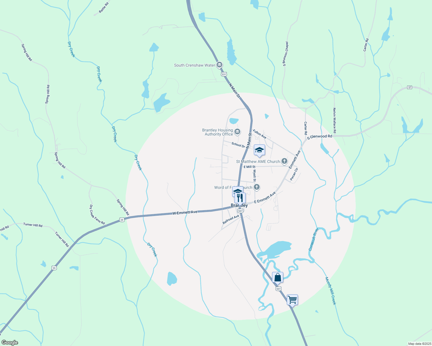 map of restaurants, bars, coffee shops, grocery stores, and more near 96 West Mill Avenue in Brantley