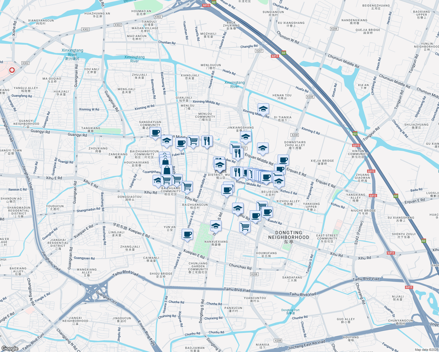 map of restaurants, bars, coffee shops, grocery stores, and more near 1 Xi Zhou Zhong Lu in Wuxi Shi