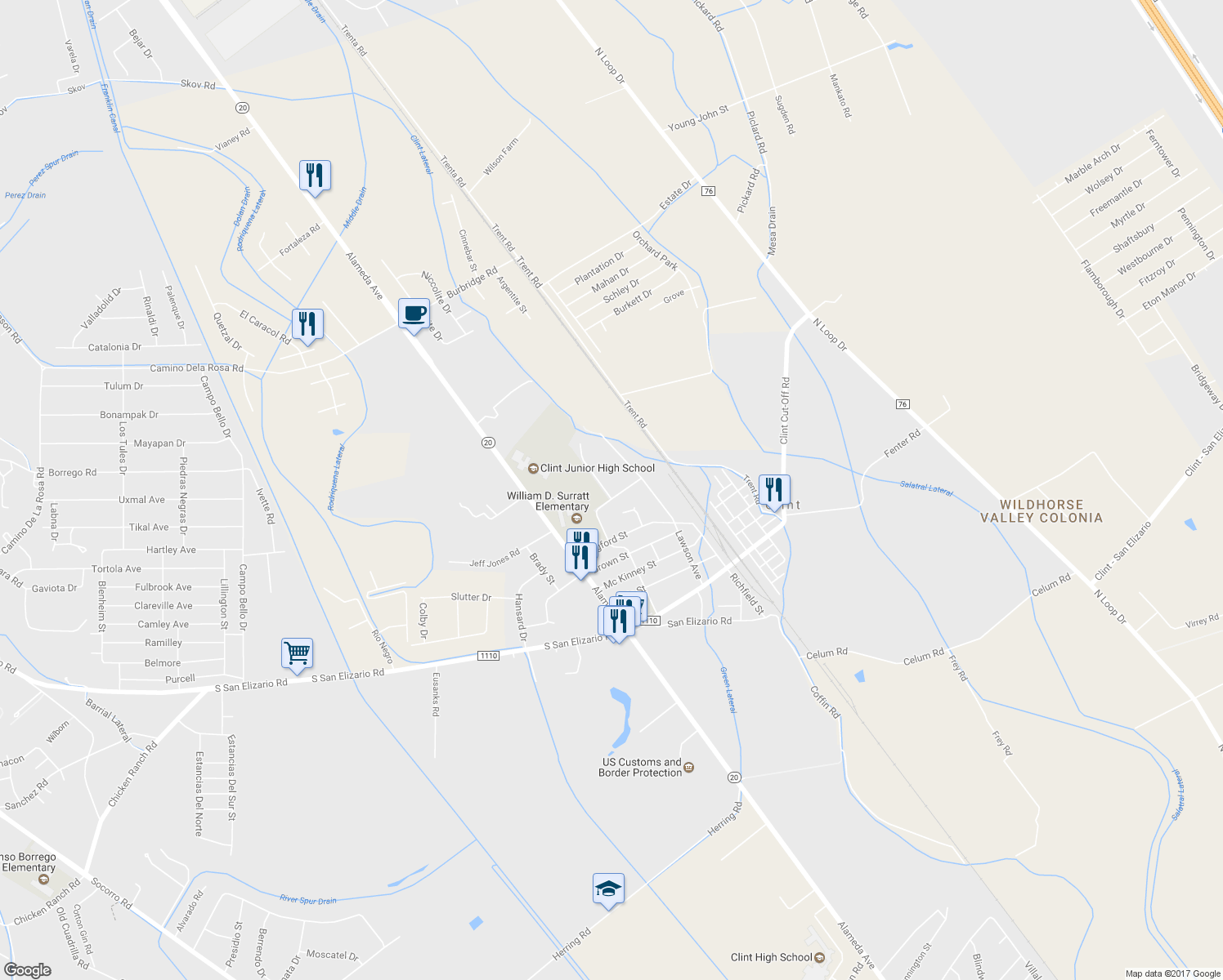 map of restaurants, bars, coffee shops, grocery stores, and more near 12691 Pioneer Drive in Clint