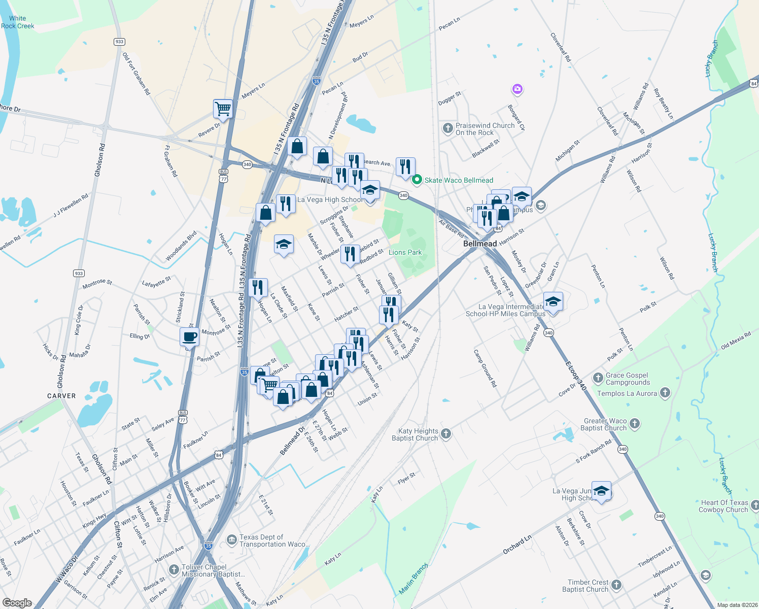 map of restaurants, bars, coffee shops, grocery stores, and more near 1015 Fisher Street in Waco
