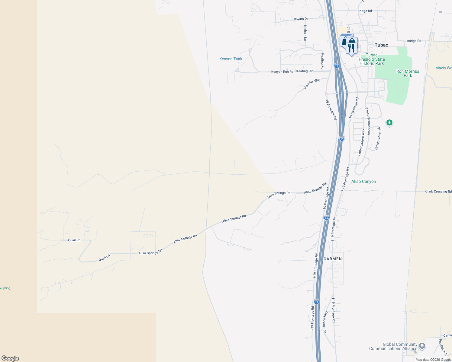 map of restaurants, bars, coffee shops, grocery stores, and more near 12 Avenida Terrell in Tubac