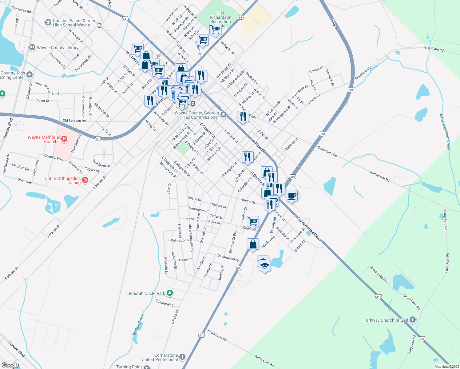 map of restaurants, bars, coffee shops, grocery stores, and more near 748 E Orange St in Jesup