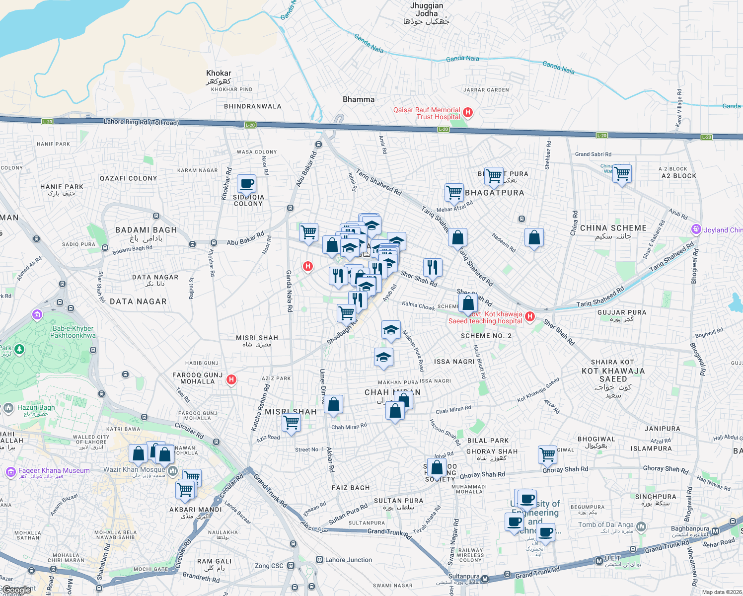 map of restaurants, bars, coffee shops, grocery stores, and more near Makhan Pura Road in Lahore