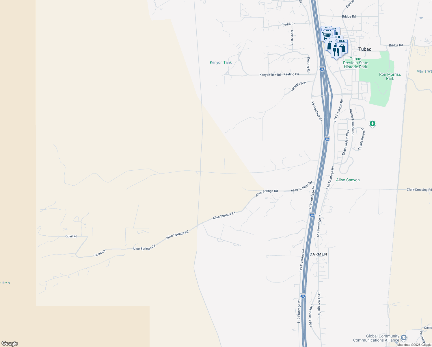 map of restaurants, bars, coffee shops, grocery stores, and more near 12 Avenida Terrell in Tubac
