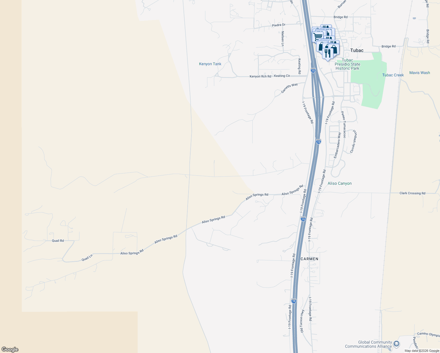 map of restaurants, bars, coffee shops, grocery stores, and more near Alegria Road in Tubac