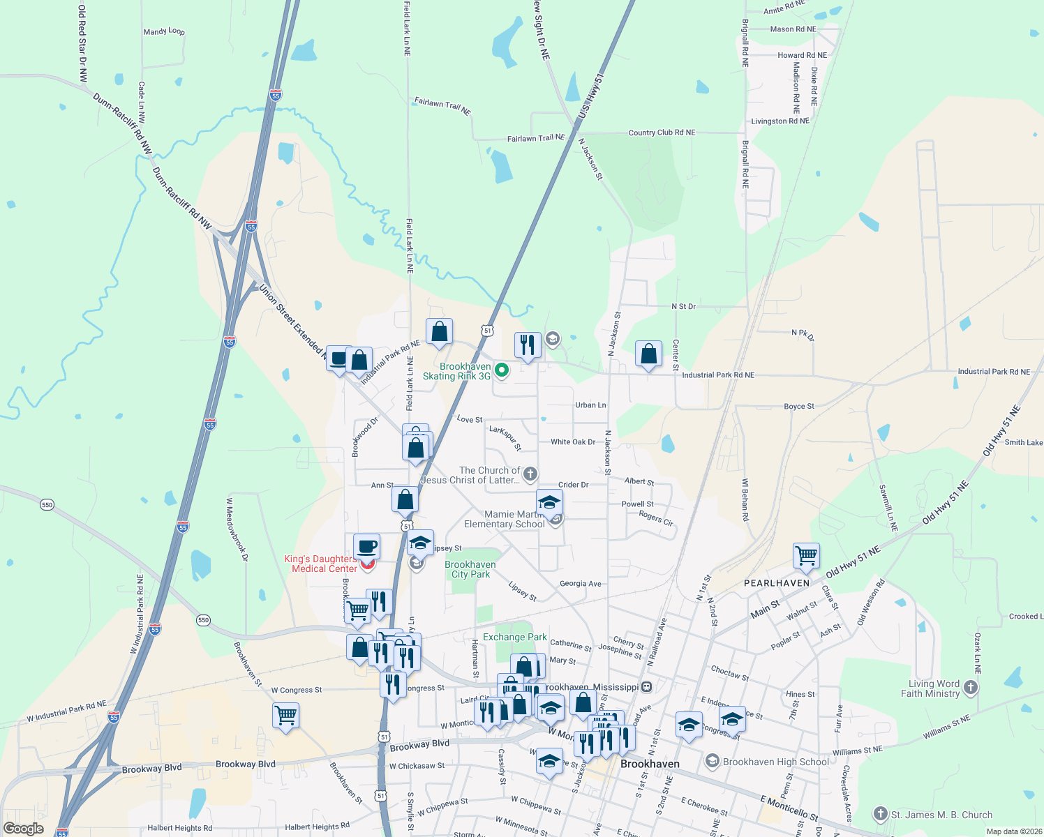 map of restaurants, bars, coffee shops, grocery stores, and more near 1216 Love Street in Brookhaven