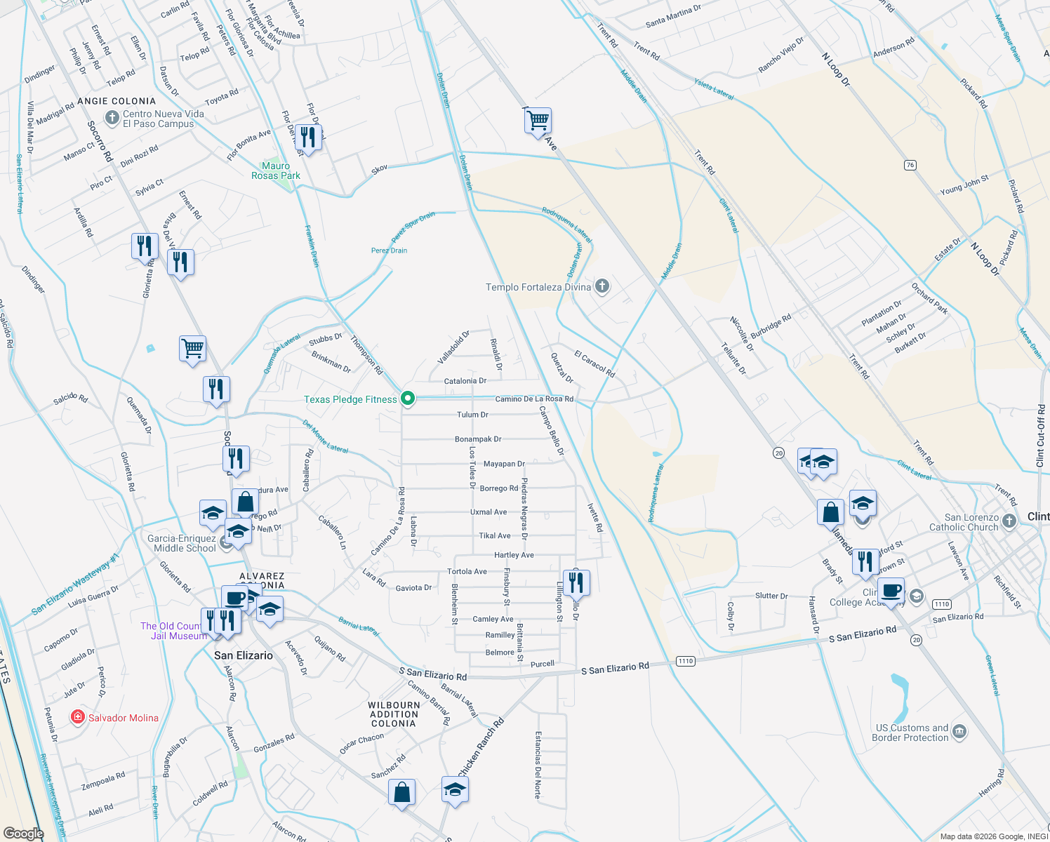 map of restaurants, bars, coffee shops, grocery stores, and more near 330 Tulum Drive in San Elizario