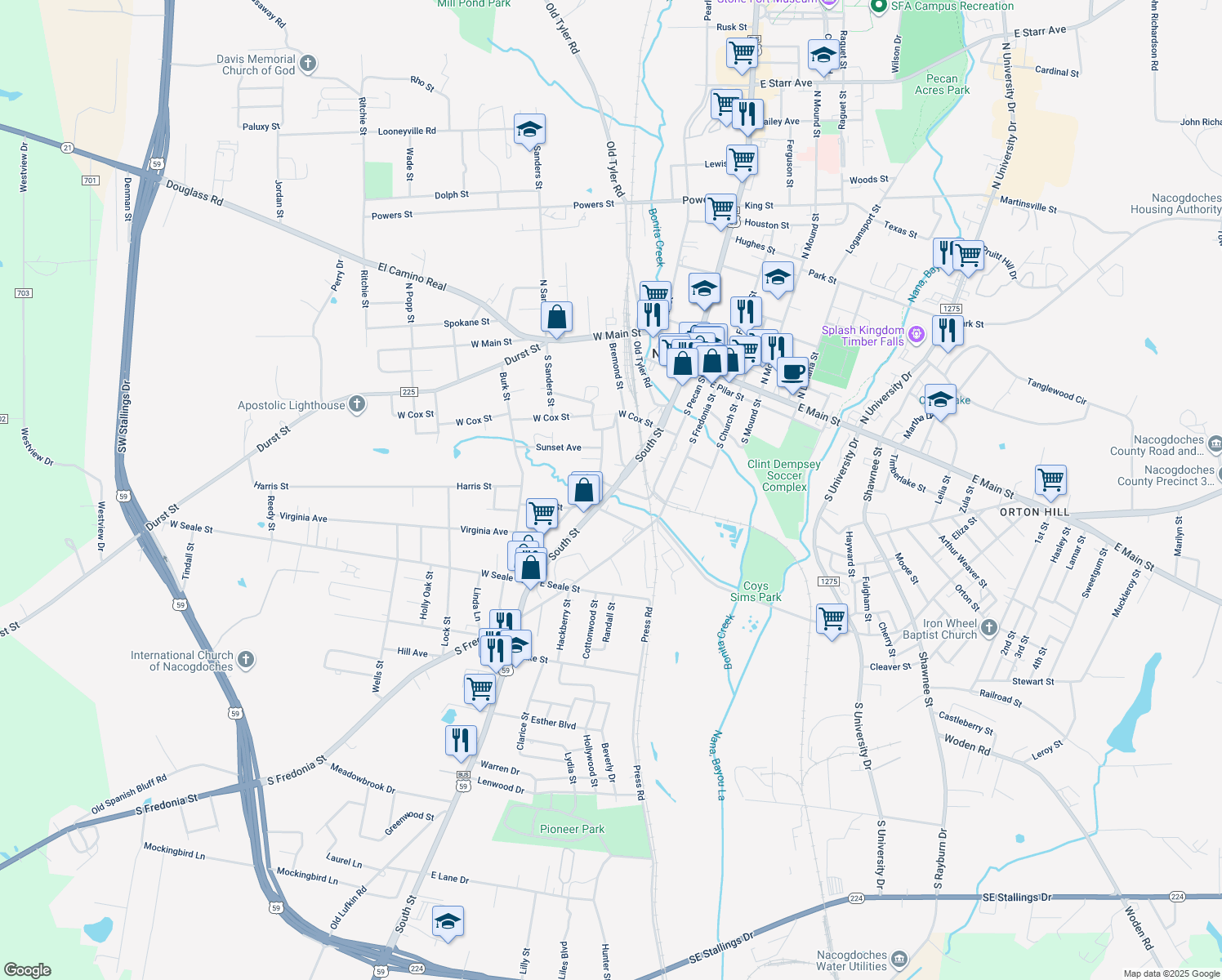 map of restaurants, bars, coffee shops, grocery stores, and more near 910 South Street in Nacogdoches