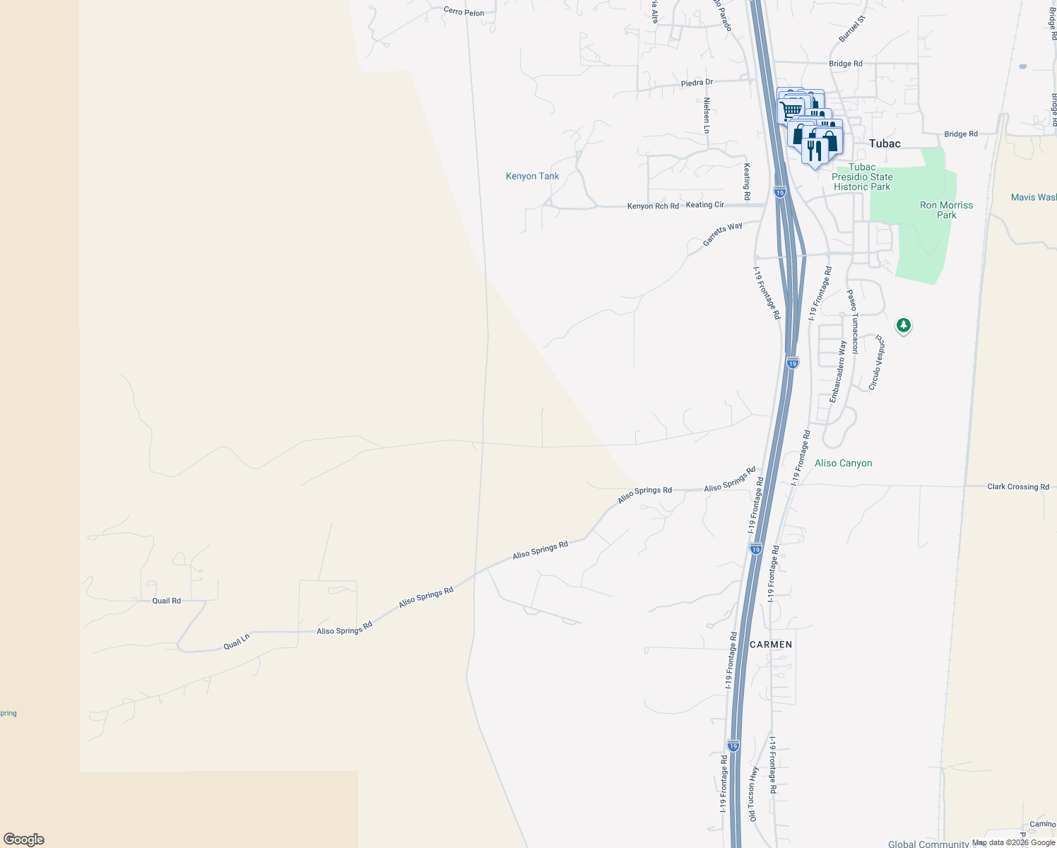 map of restaurants, bars, coffee shops, grocery stores, and more near 12 Avenida Terrell in Tubac