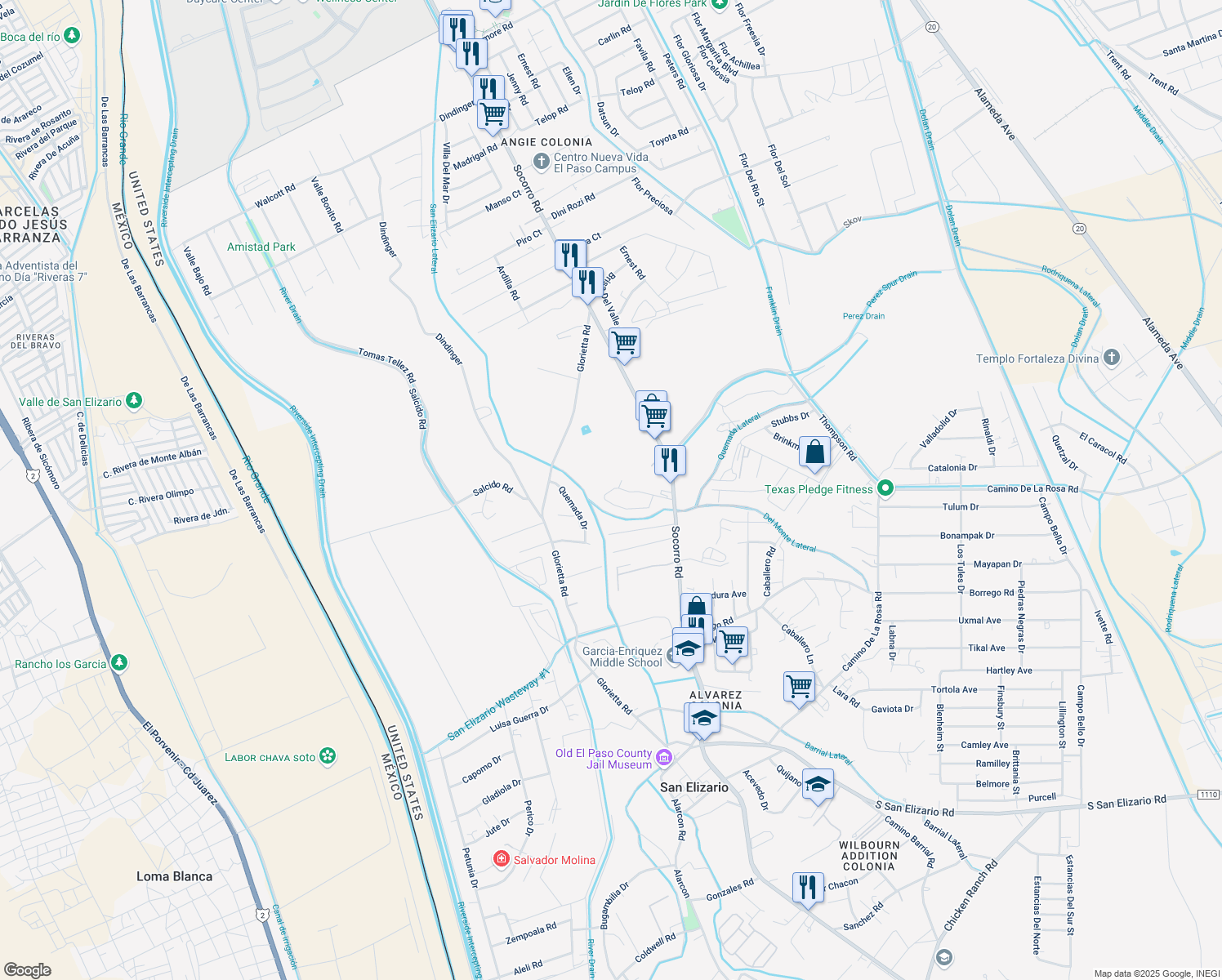 map of restaurants, bars, coffee shops, grocery stores, and more near 1468 Enrique Perez Circle in San Elizario