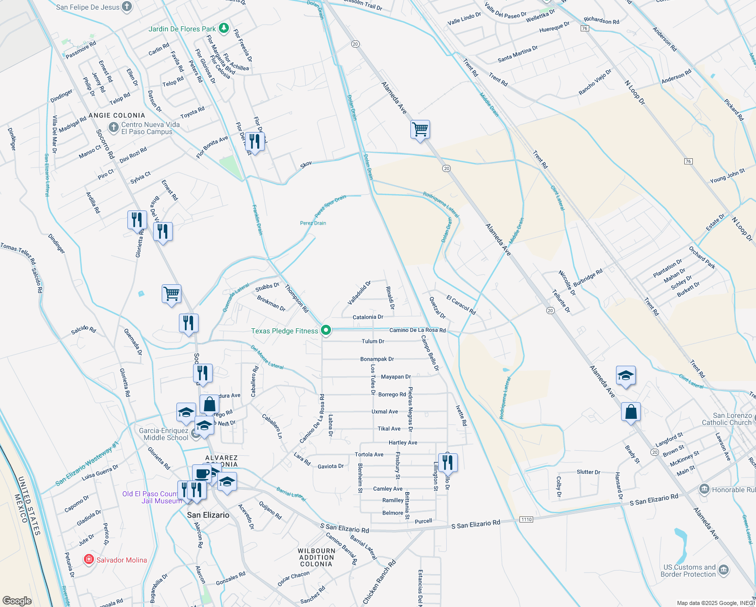 map of restaurants, bars, coffee shops, grocery stores, and more near 630 Don Paco Drive in San Elizario