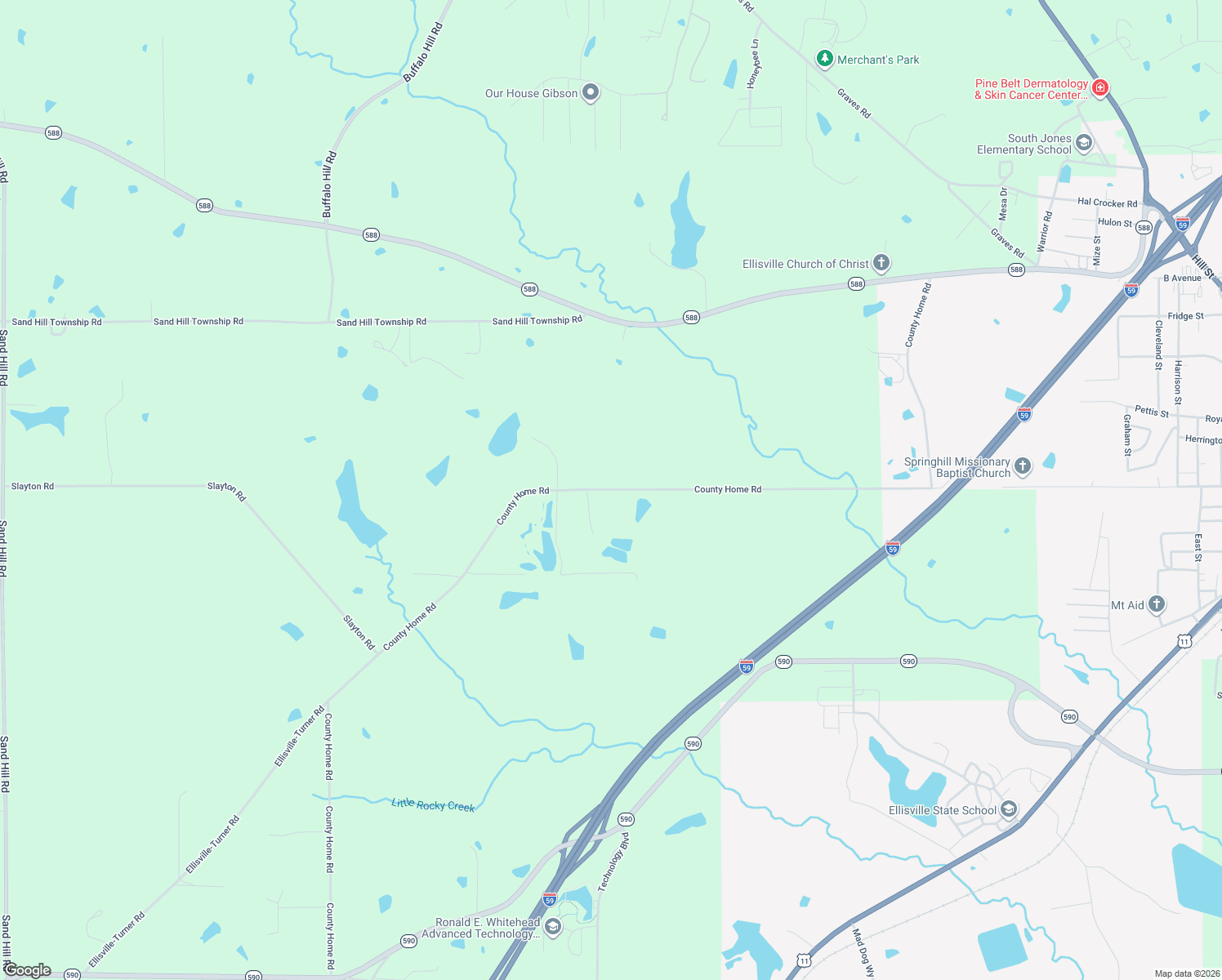 map of restaurants, bars, coffee shops, grocery stores, and more near County Home Rd in Ellisville