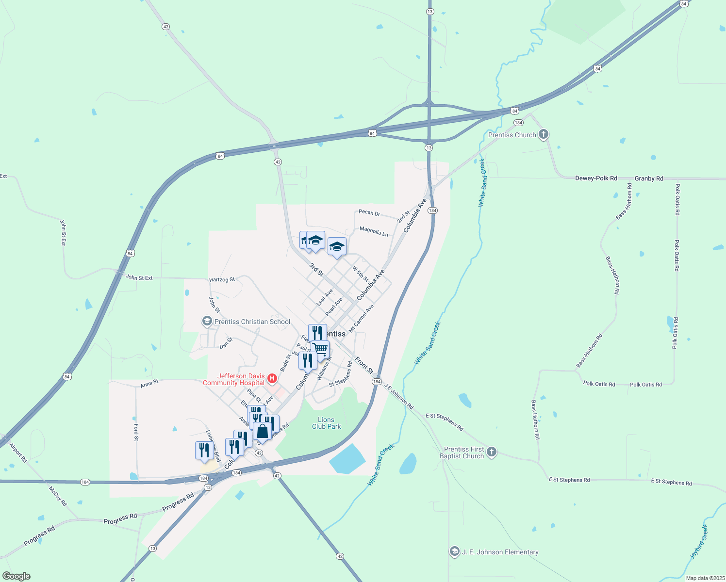 map of restaurants, bars, coffee shops, grocery stores, and more near 2505 Columbia Ave in Prentiss