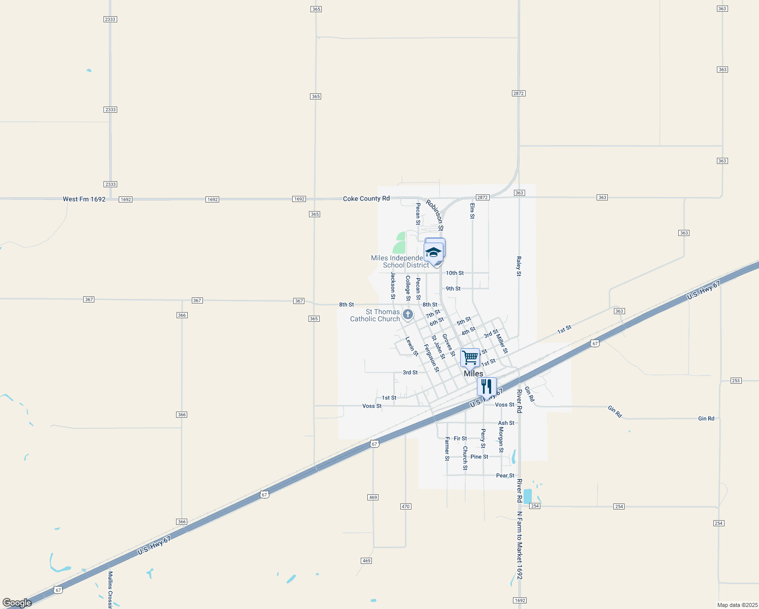 map of restaurants, bars, coffee shops, grocery stores, and more near 601 8th Street in Miles