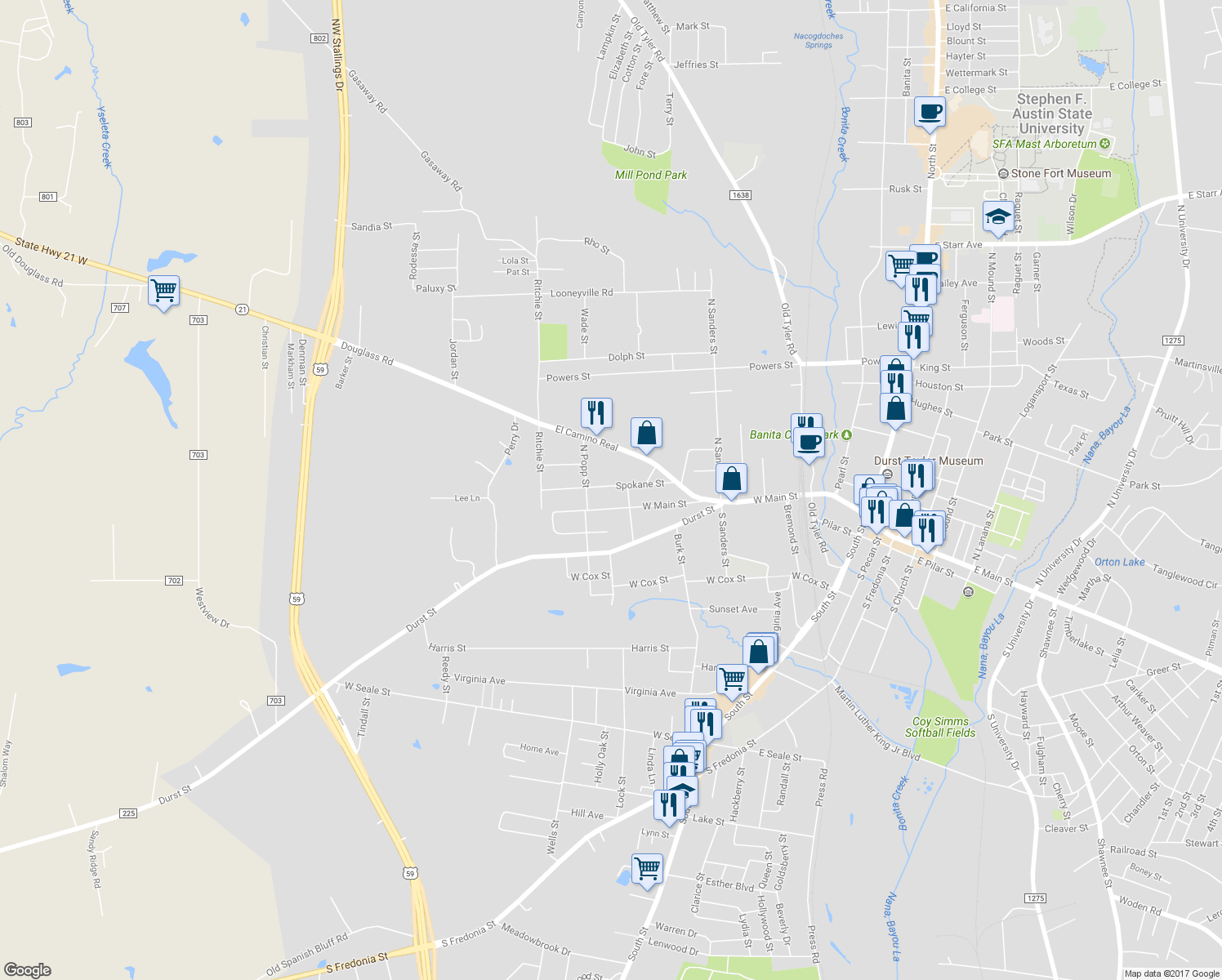 map of restaurants, bars, coffee shops, grocery stores, and more near 1313 Spokane Street in Nacogdoches