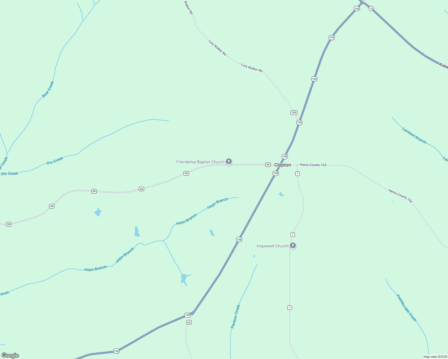 map of restaurants, bars, coffee shops, grocery stores, and more near 13967 Alabama 105 in Clopton