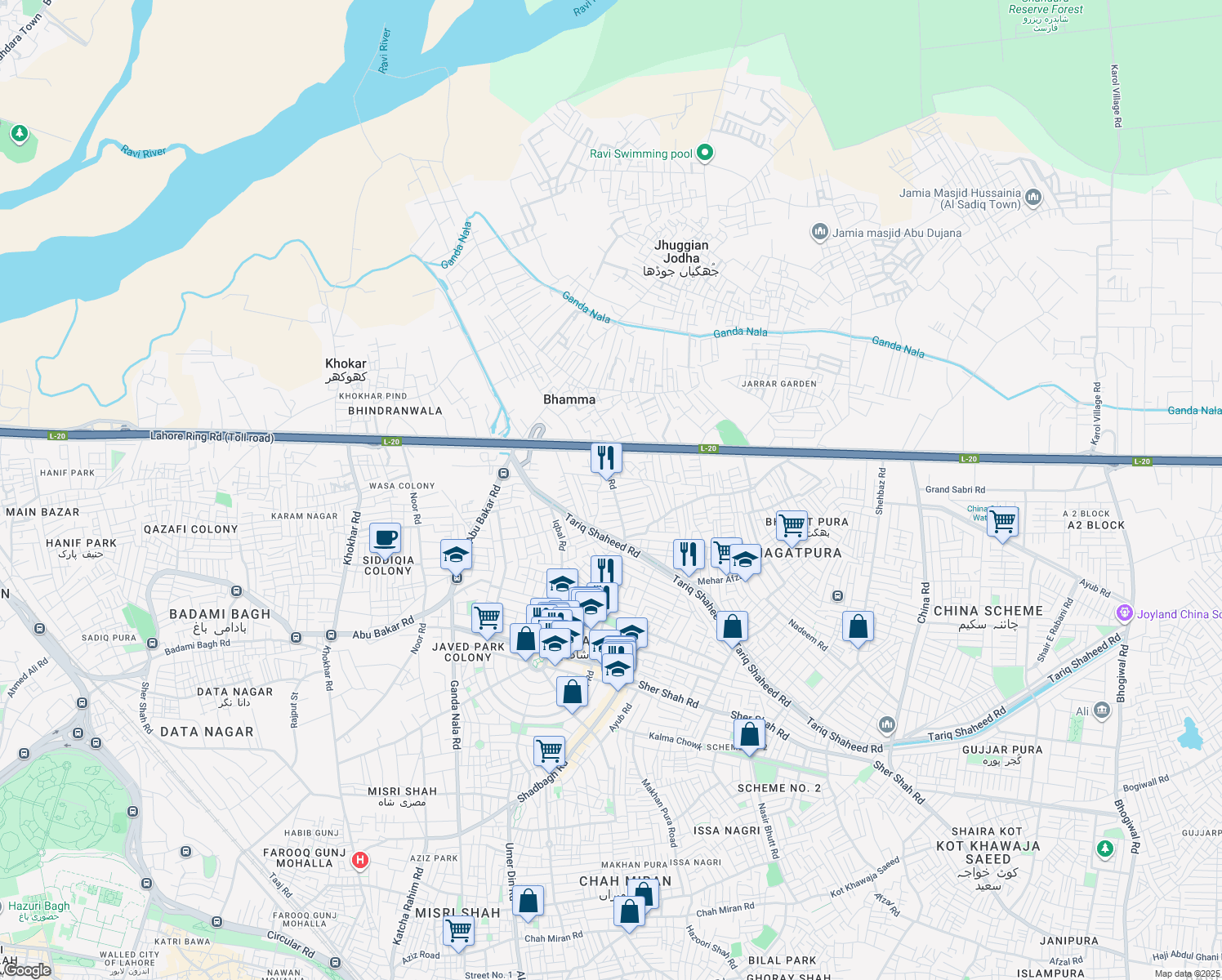 map of restaurants, bars, coffee shops, grocery stores, and more near Amir Road in Lahore