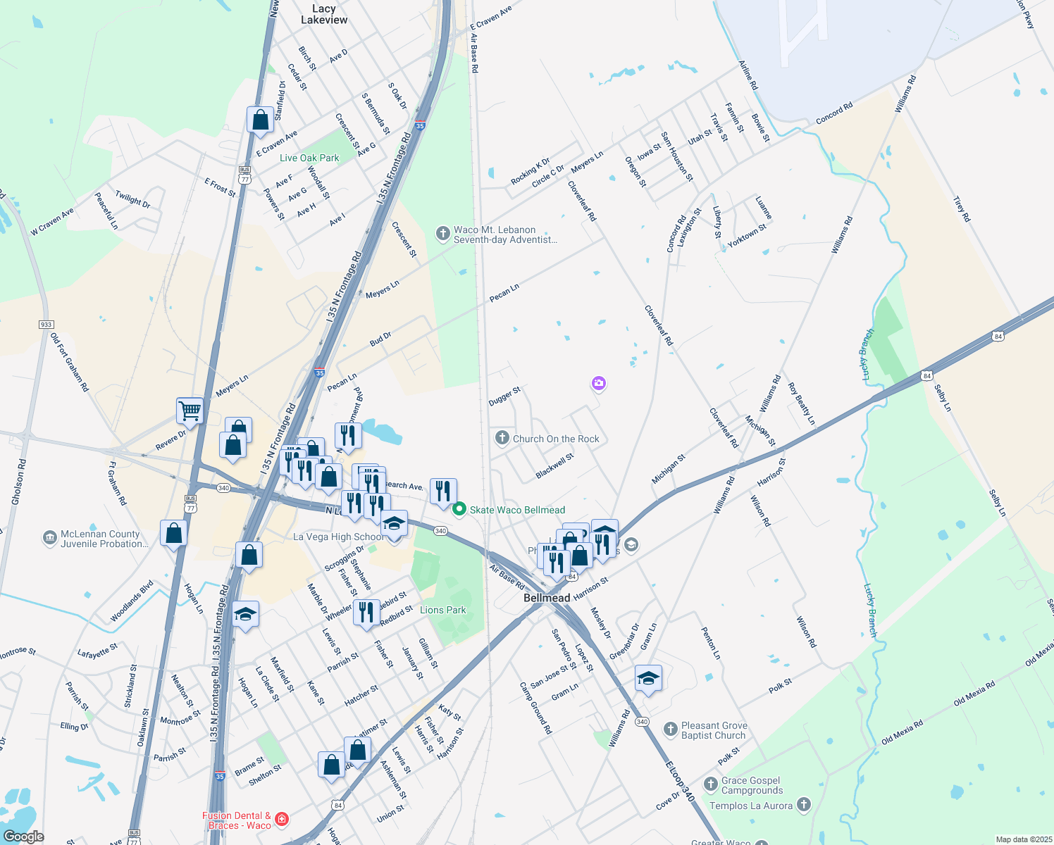 map of restaurants, bars, coffee shops, grocery stores, and more near 1206 Timberline St in Waco