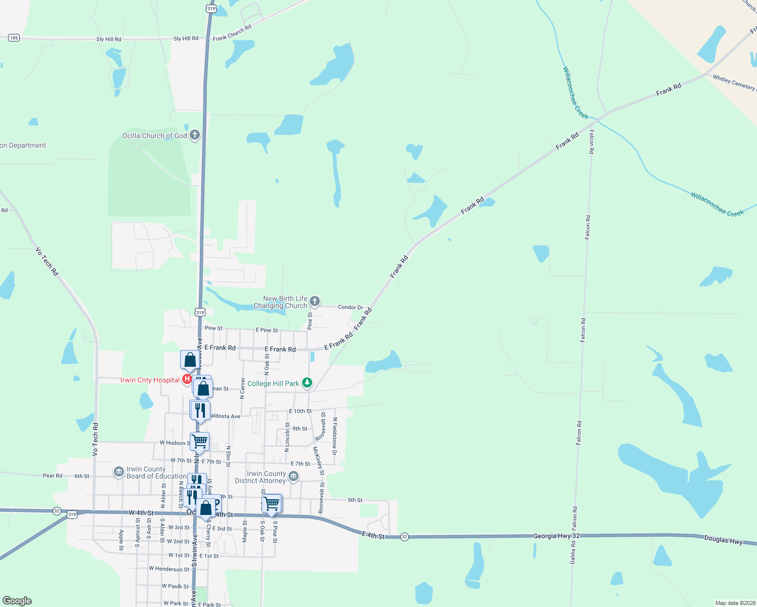 map of restaurants, bars, coffee shops, grocery stores, and more near 985 Frank Road in Ocilla
