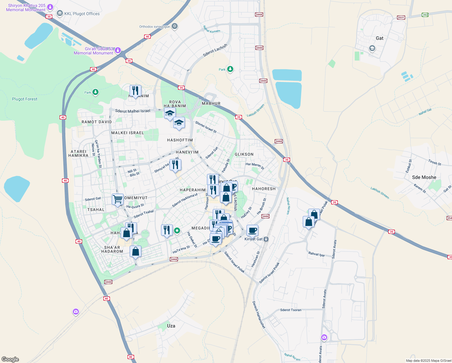 map of restaurants, bars, coffee shops, grocery stores, and more near in Kiryat Gat