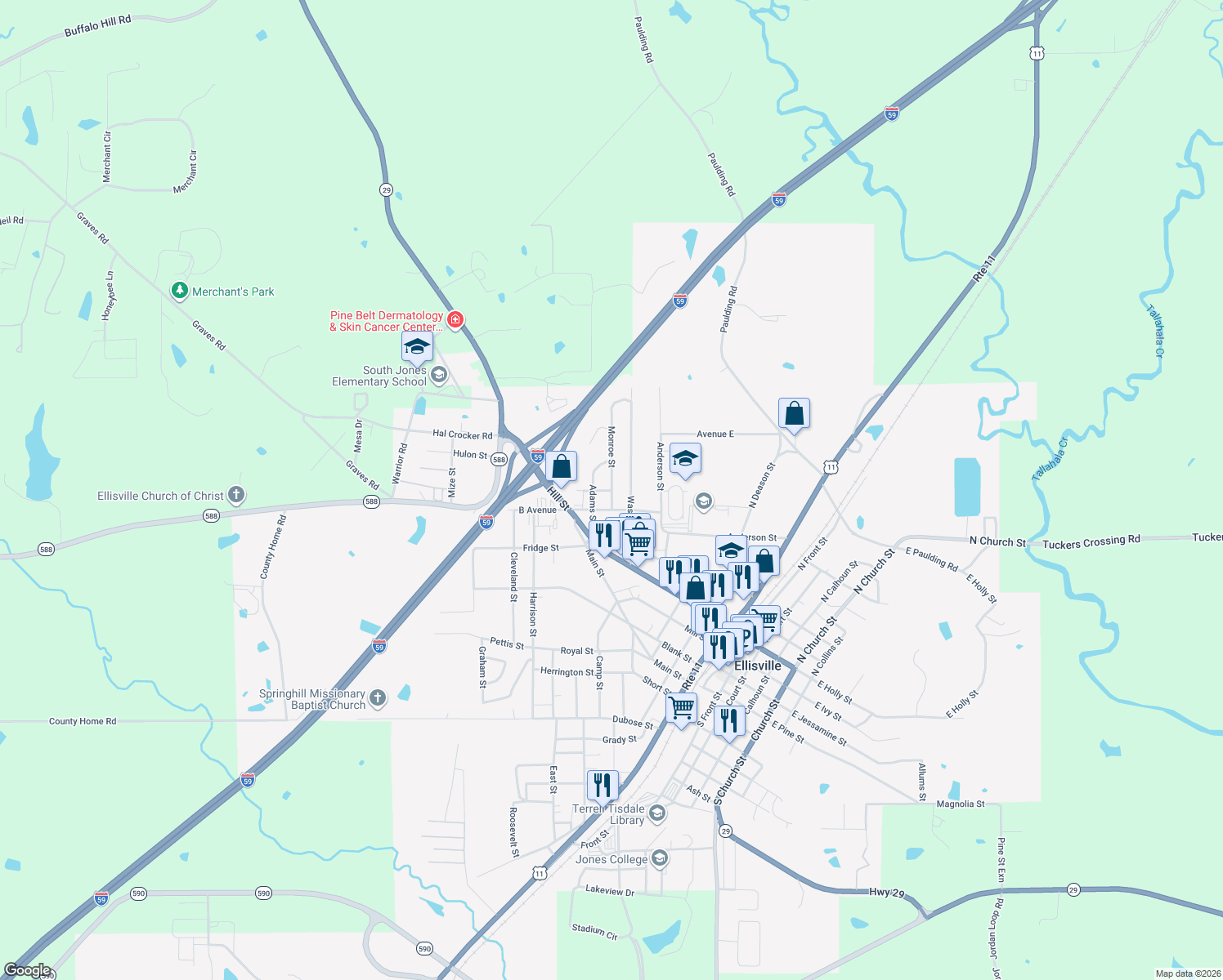 map of restaurants, bars, coffee shops, grocery stores, and more near 408 Monroe Street in Ellisville