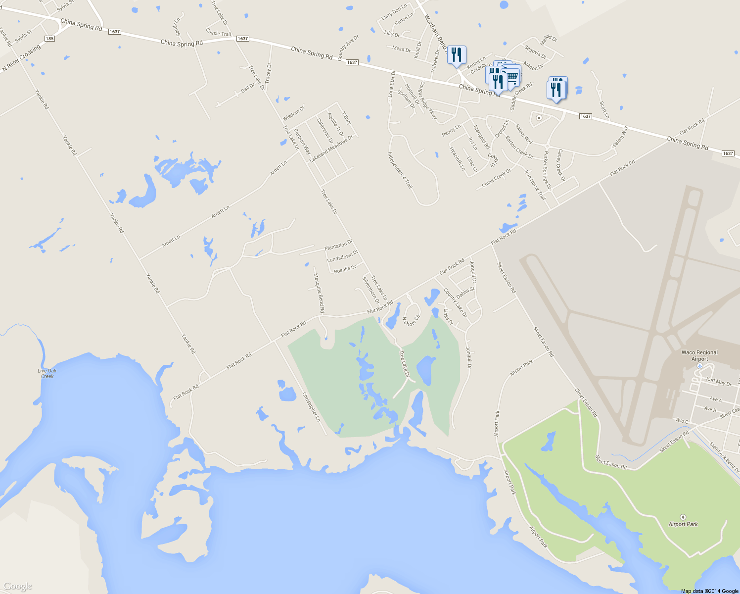 map of restaurants, bars, coffee shops, grocery stores, and more near 9412 Silverthorn Dr in Waco