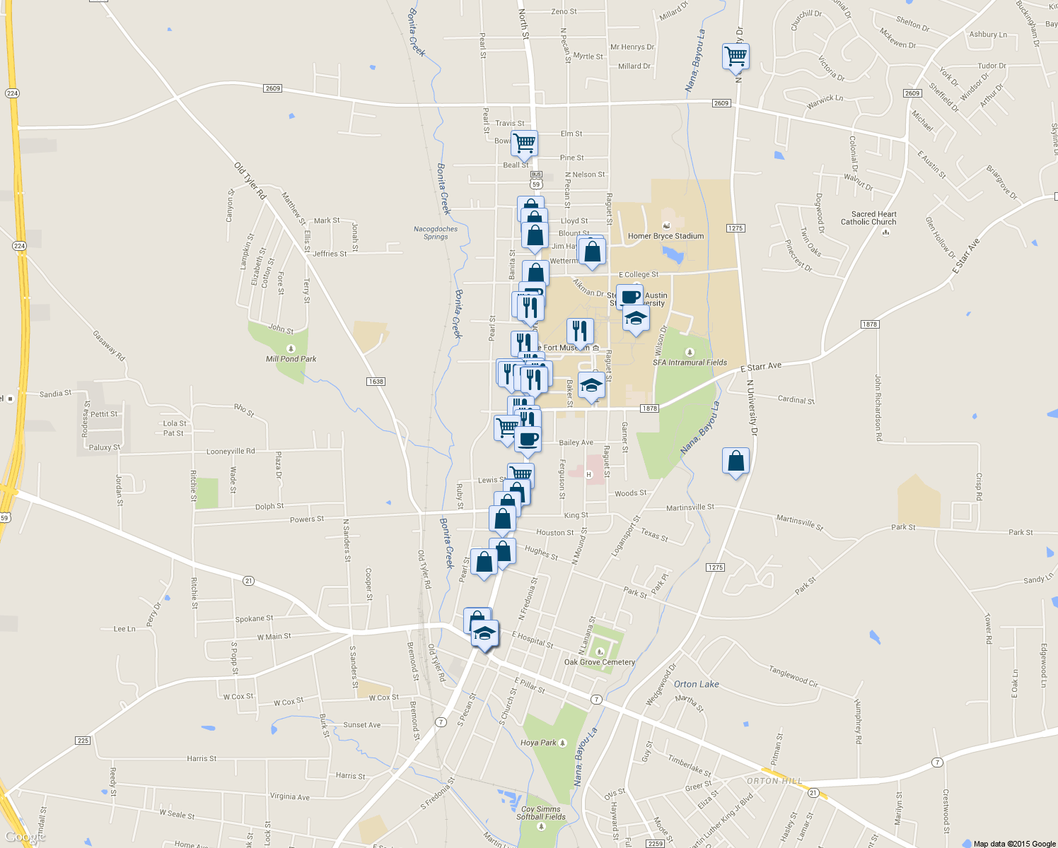 map of restaurants, bars, coffee shops, grocery stores, and more near 1455-1473 U.S. 59F Business in Nacogdoches