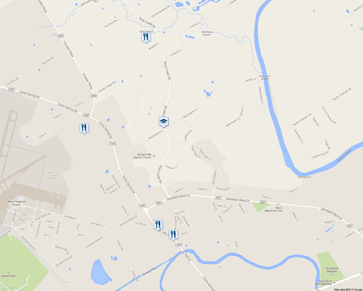map of restaurants, bars, coffee shops, grocery stores, and more near 191 Haskell Road in Waco