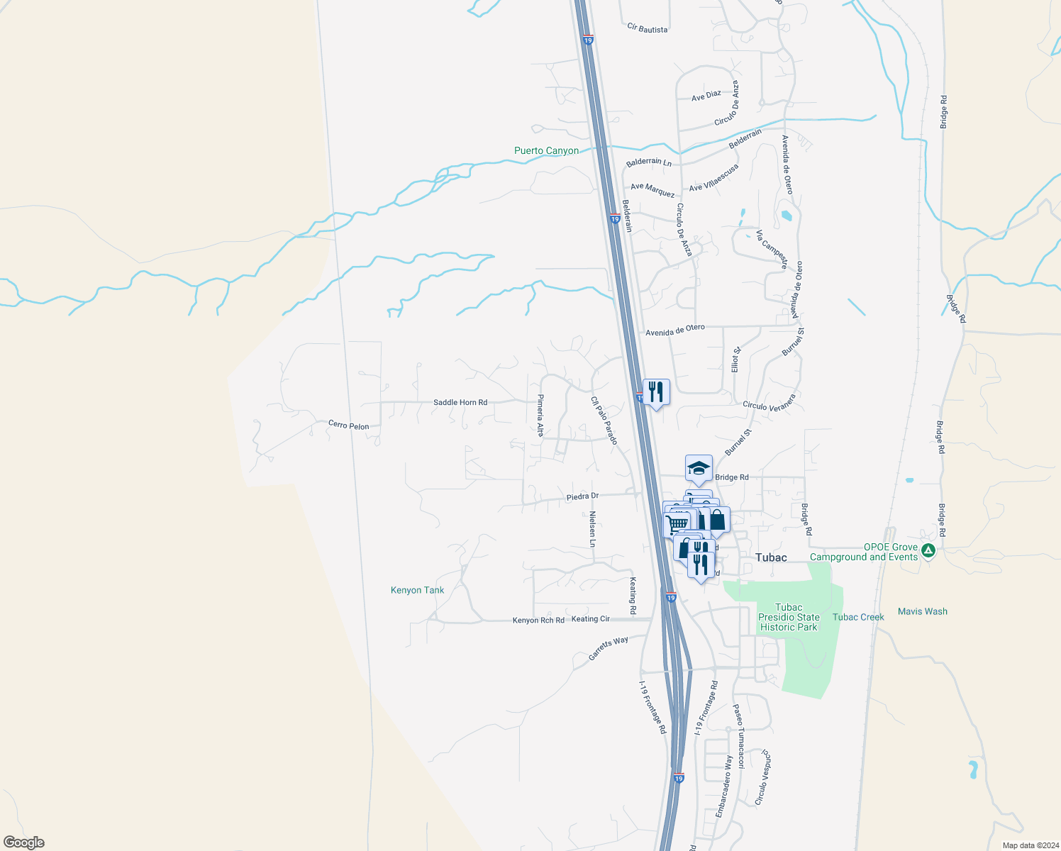map of restaurants, bars, coffee shops, grocery stores, and more near Círculo Primeria Alta in Tubac