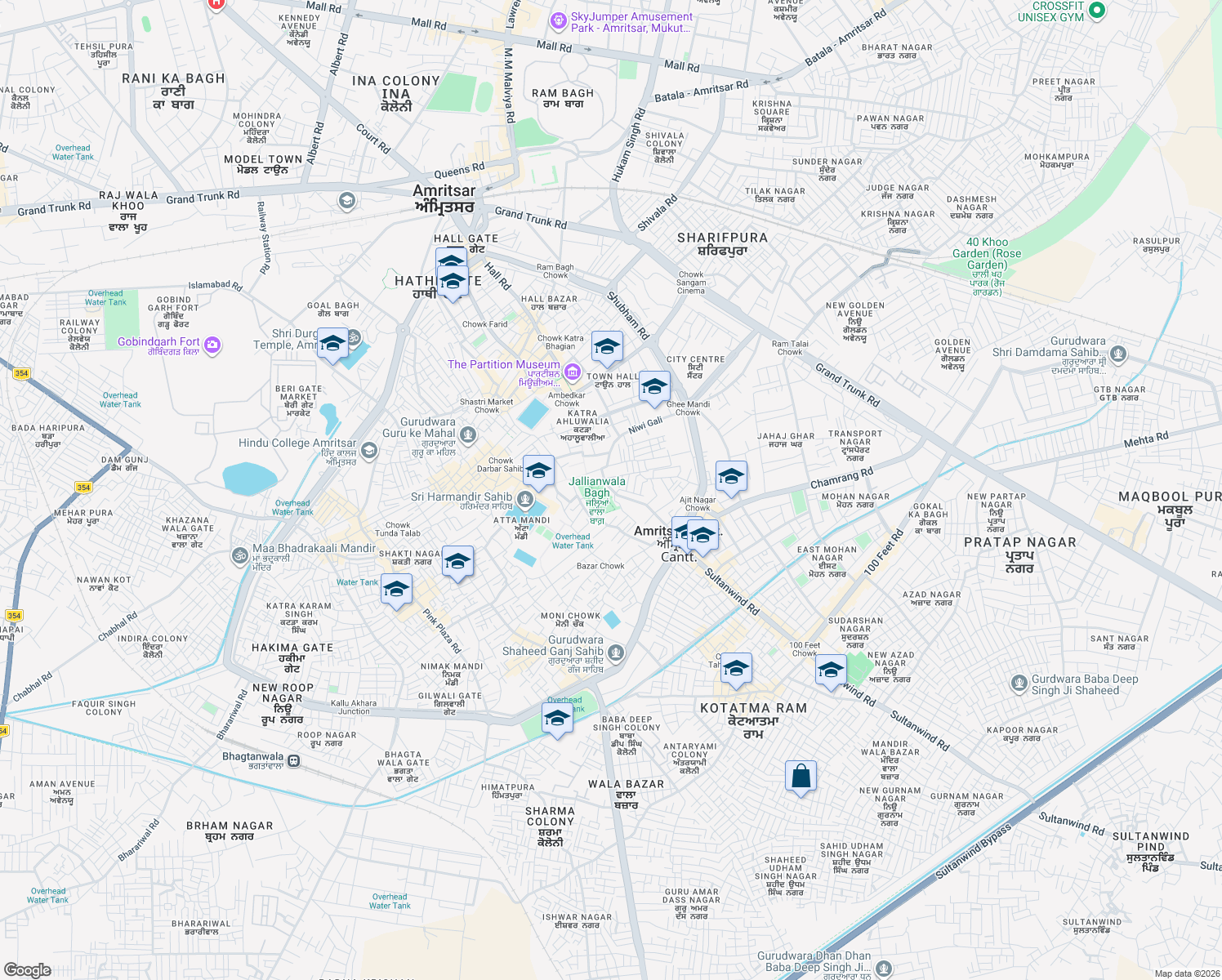 map of restaurants, bars, coffee shops, grocery stores, and more near Purani Lakkar Mandi in Amritsar