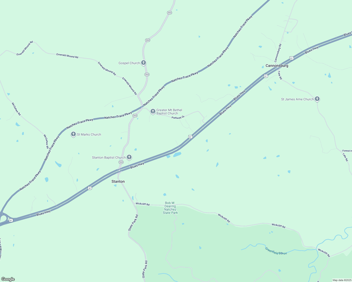 map of restaurants, bars, coffee shops, grocery stores, and more near 11 Roosevelt Drive in Natchez